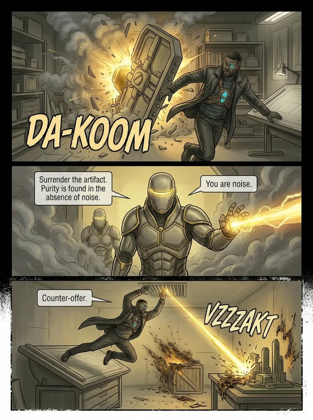 Comic scene showing a scientist with glowing blue glasses and a coat smashing a computer with a large hammer, causing an explosion. Two armored figures, one with glowing eyes, negotiate with the scientist. The armored figure says, 'Surrender the arti