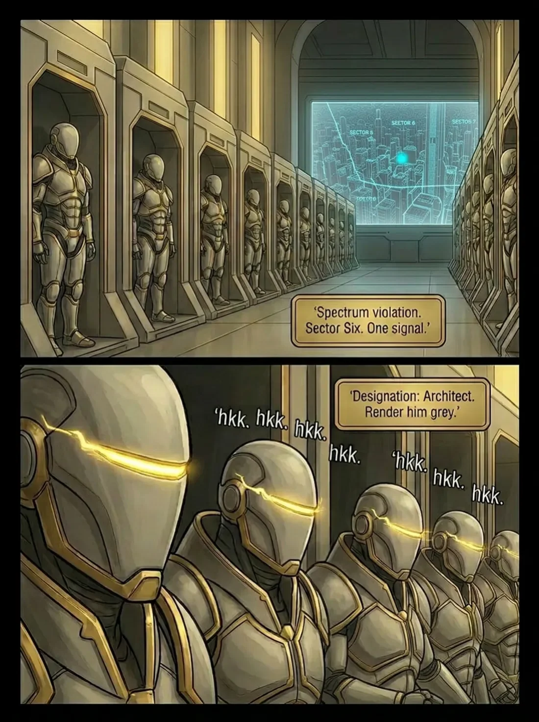 Futuristic scene with humanoid robots in an advanced control room. The robots are lined up in front of display cases, and a large digital map of a city is visible on a screen in the background. Subtitles suggest a dialogue about spectrum violation an