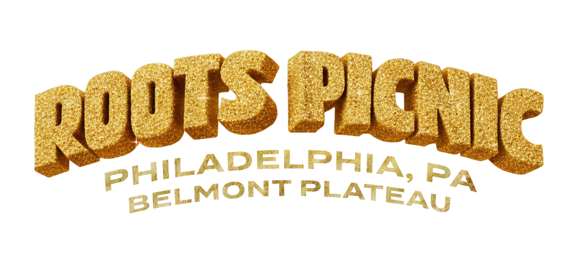 Logo for Roots Picnic, a music festival in Philadelphia, PA on Belmont Plateau, with gold glittery 3D text.
