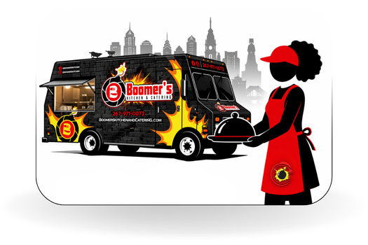 A food truck with black, red, and yellow colors advertising Boomer's Kitchen & Catering, with a city skyline in the background. A woman in a red apron and cap is holding a serving tray.