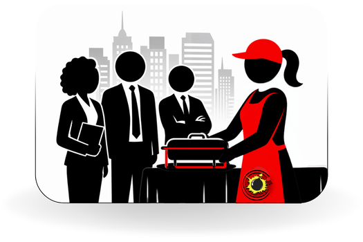 A woman wearing a red cap and apron serving a tray to three business people in suits with a city skyline in the background.