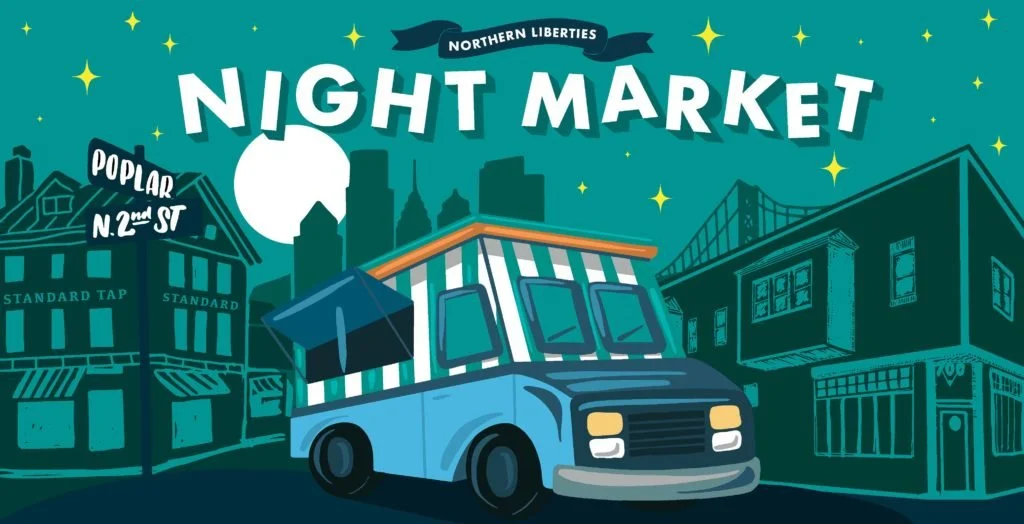 Illustration of a night market scene in a neighborhood near the moon, featuring market stalls, a food truck, and surrounding buildings with a bridge in the background.