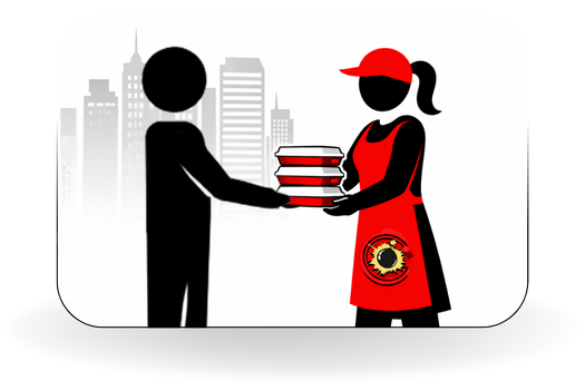 A person handing over a stack of books to a woman wearing a red cap and apron with a logo, cityscape in the background.