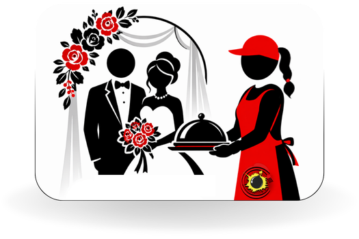 Boomer's Branded Silhouettes of a bride and groom at a wedding ceremony with a server holding a catering tray.