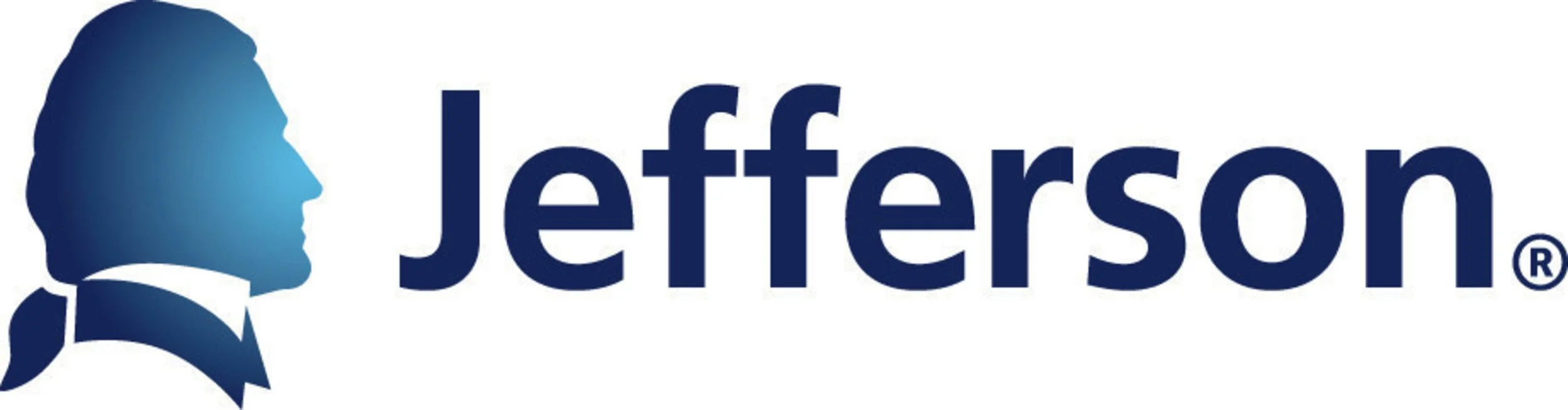Jefferson logo with a blue silhouette of a man's profile, wearing a ribbon around the neck, and the word Jefferson in bold blue letters.