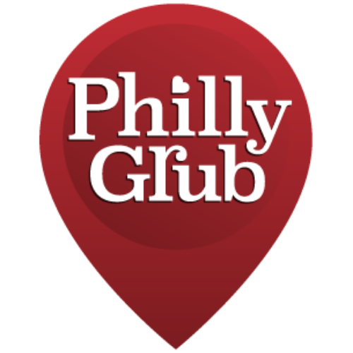 Logo for Philly Grub with white text on a red map pin shape.