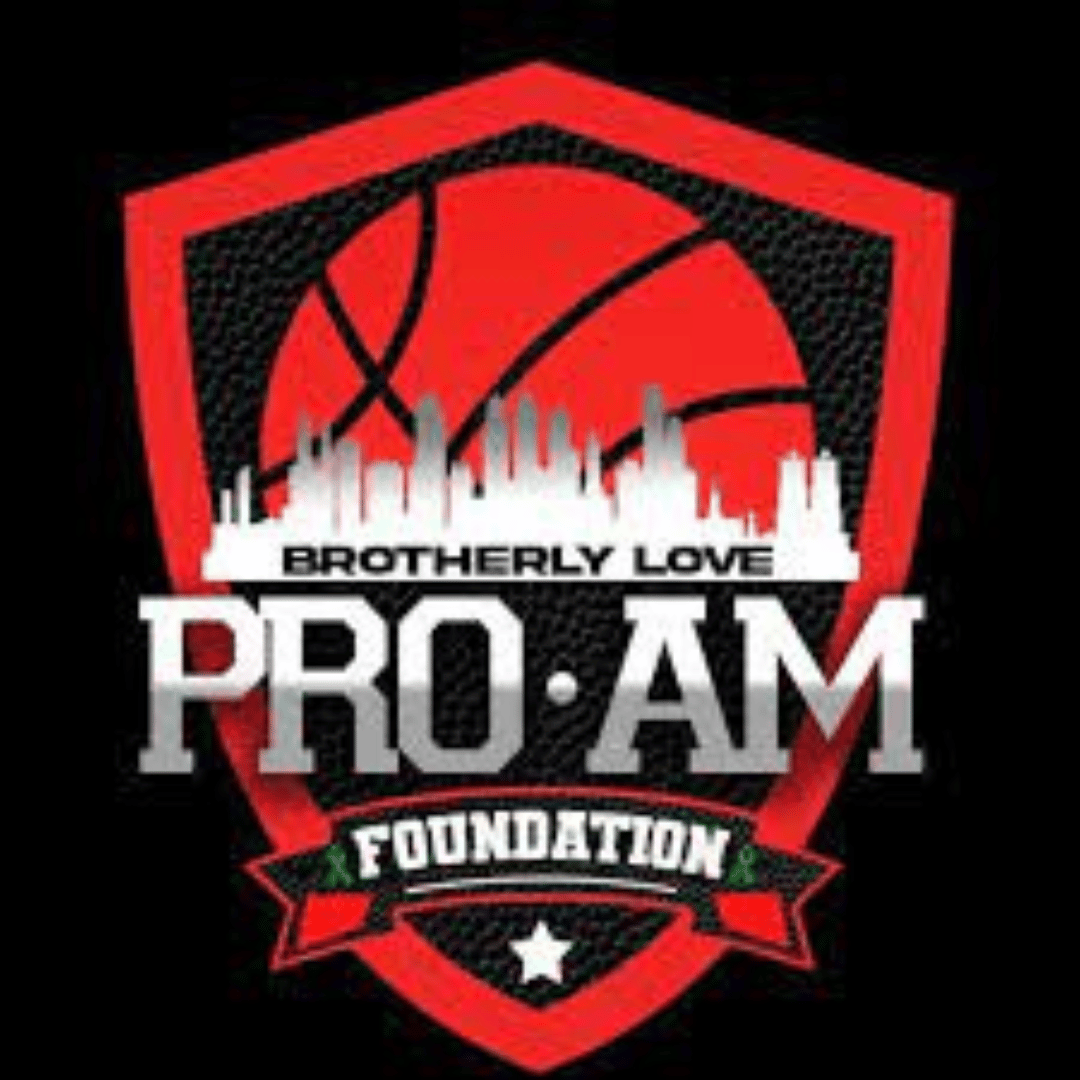 Logo with a red basketball, city skyline, and text 'Brotherly Love PRO-AM Foundation' on a black background.