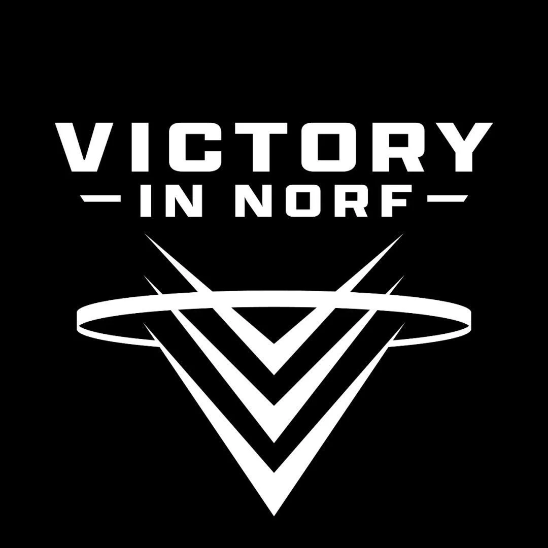 Black background with white text reading 'Victory in NORF' and a geometric emblem below.