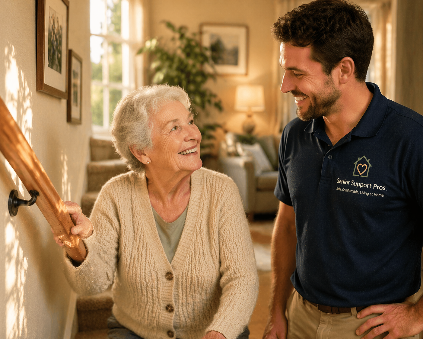 An elderly woman and a young man smiling at each other inside a well-lit home. The woman is holding onto a staircase railing, and the man is wearing a uniform with a logo that reads 'Senior Support Pros'.