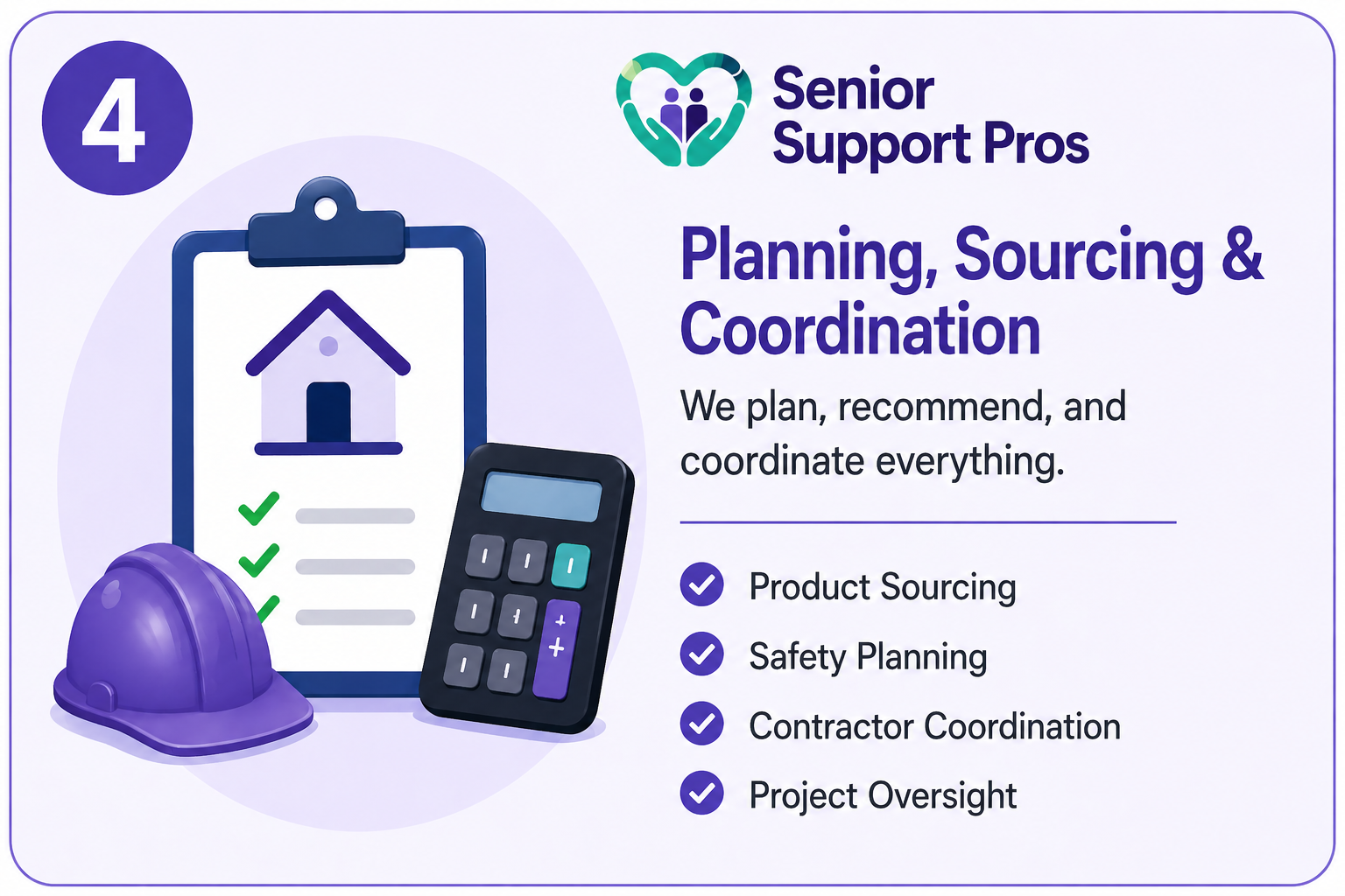 A graphic featuring a clipboard with a house icon, a calculator, and a purple safety helmet, representing planning and coordination. Includes text highlighting Senior Support Pros and their services in planning, sourcing, and coordination such as product sourcing, safety planning, contractor coordination, and project oversight.