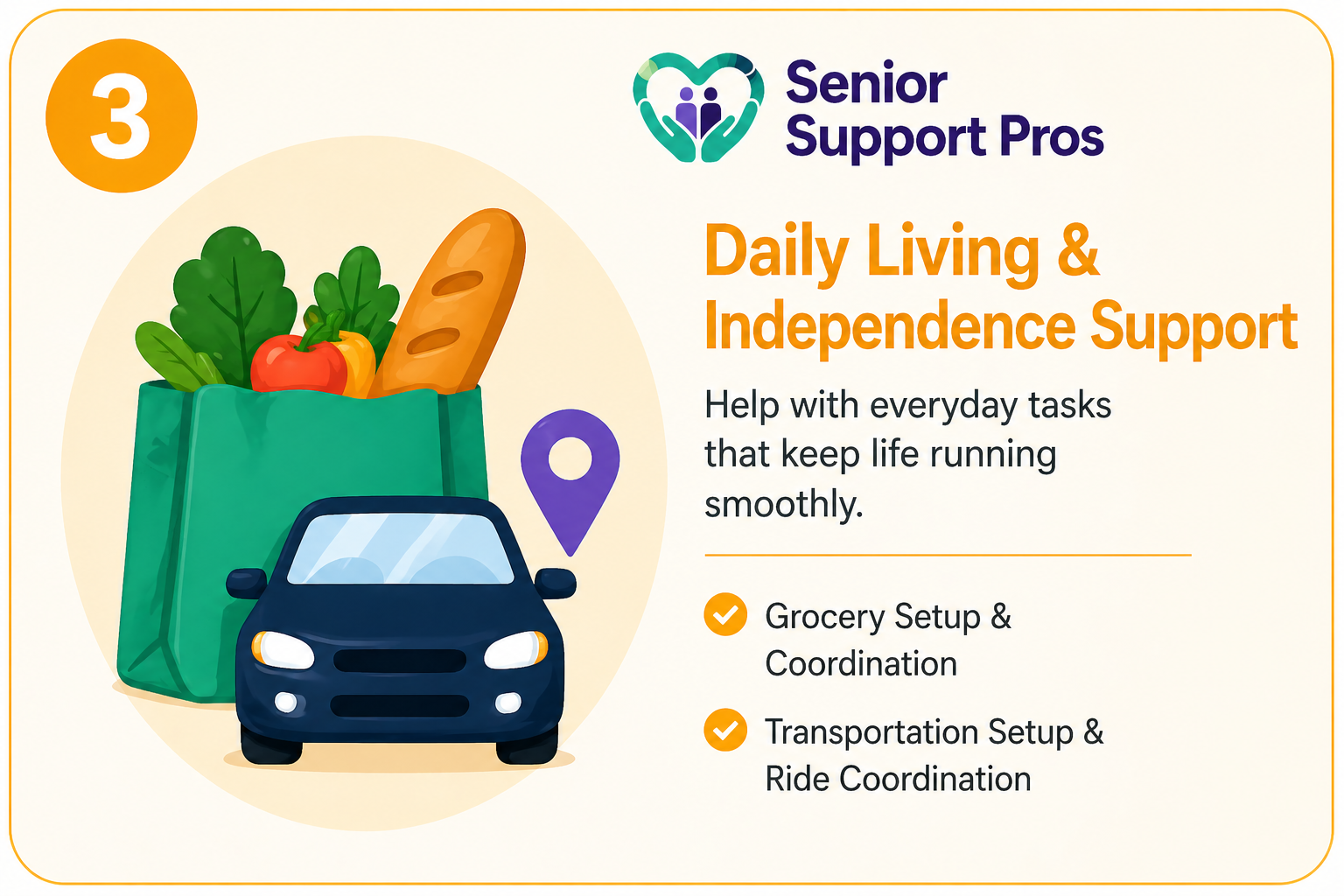 Digital graphic promoting senior support services featuring a grocery bag with vegetables and a baguette, a car with a location pin, and text highlighting daily living and independence support, including grocery setup and coordination and transportation assistance.