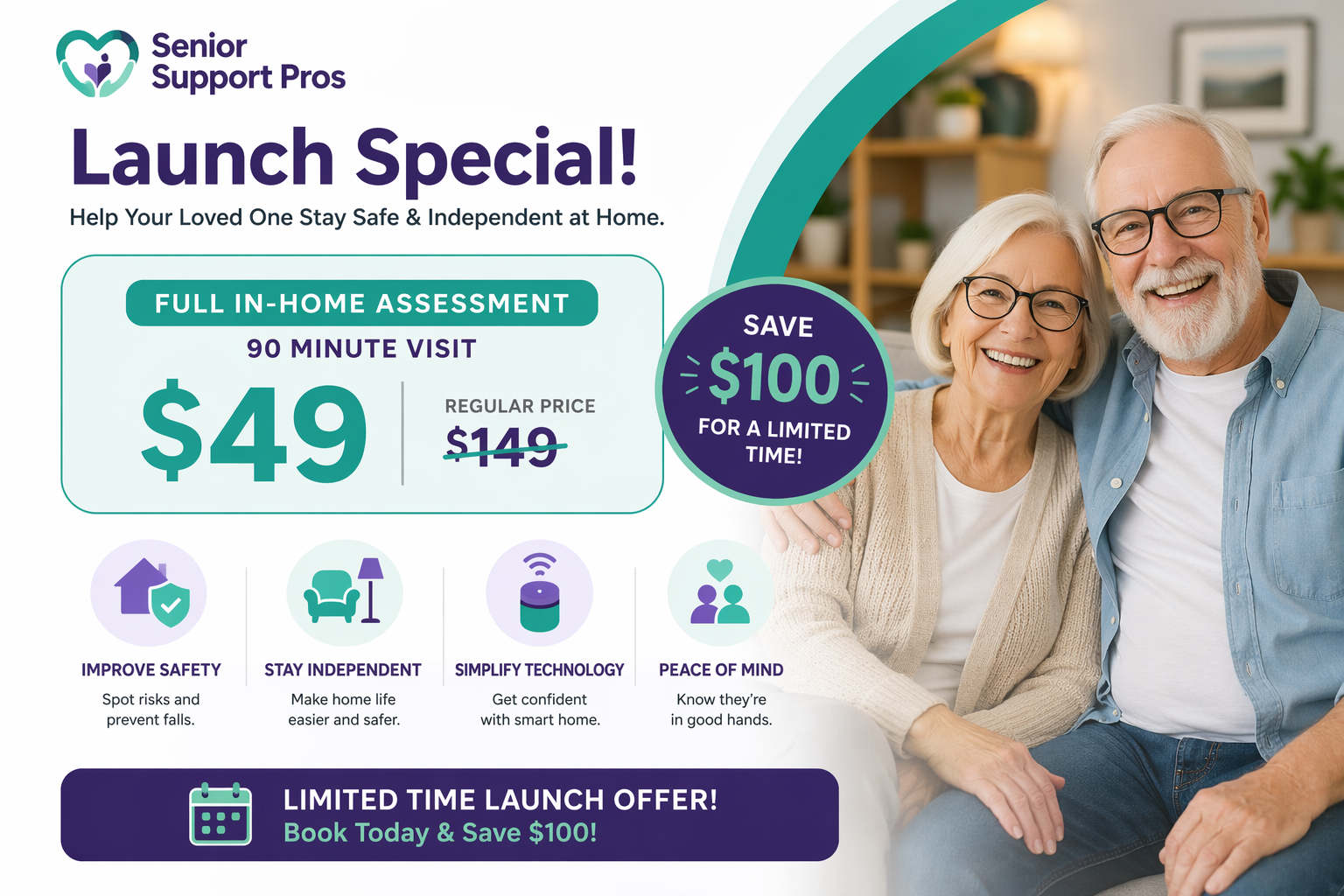 An advertisement for senior safety assessment services featuring a happy elderly couple sitting together at home, with promotional text about a discounted at-home safety assessment offer.