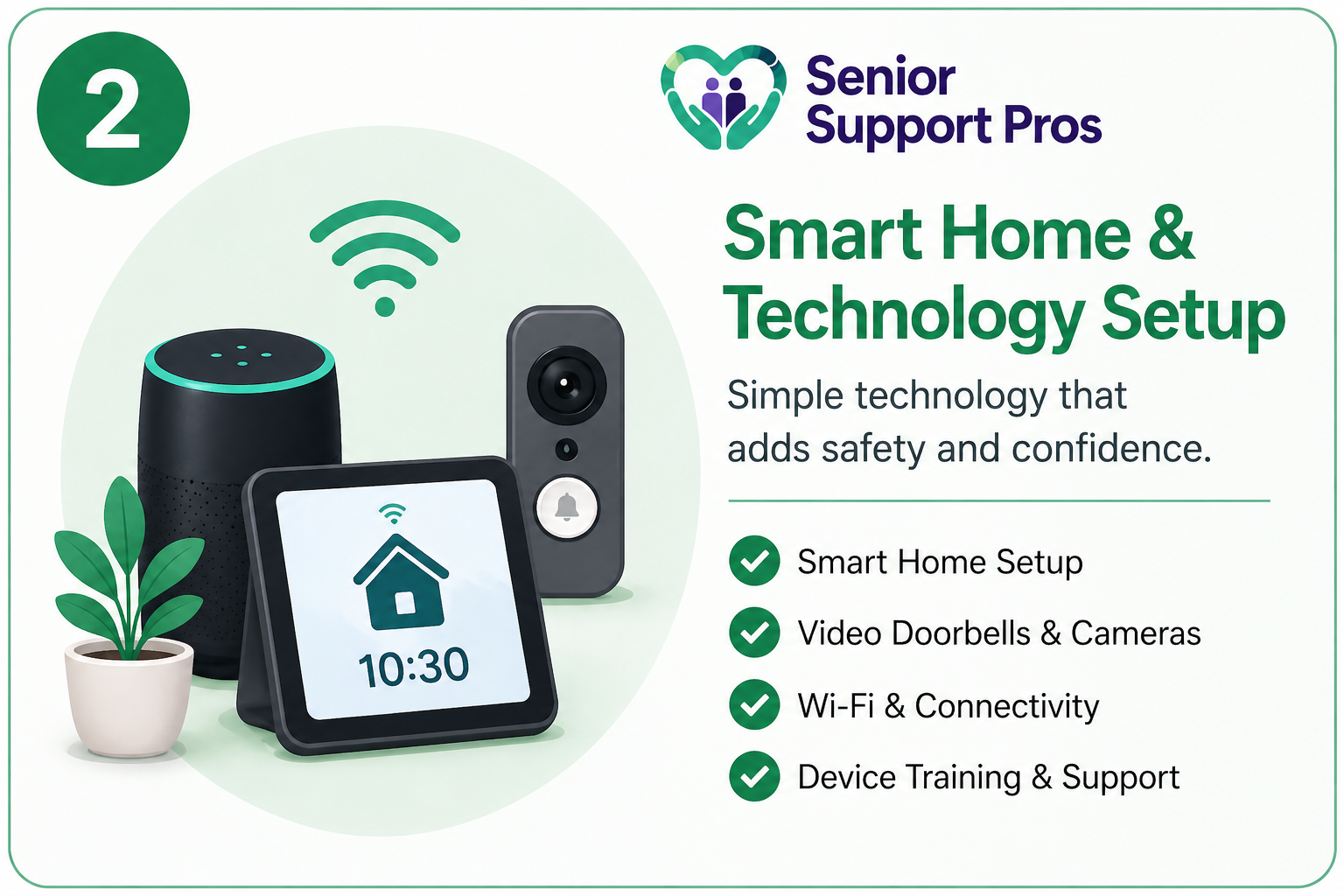 Flyer for Senior Support Pros about smart home and technology setup, featuring a smart speaker, smart display, doorbell camera, and indoor plant, with text about smart home setup, video doorbells and cameras, Wi-Fi connectivity, and device training.