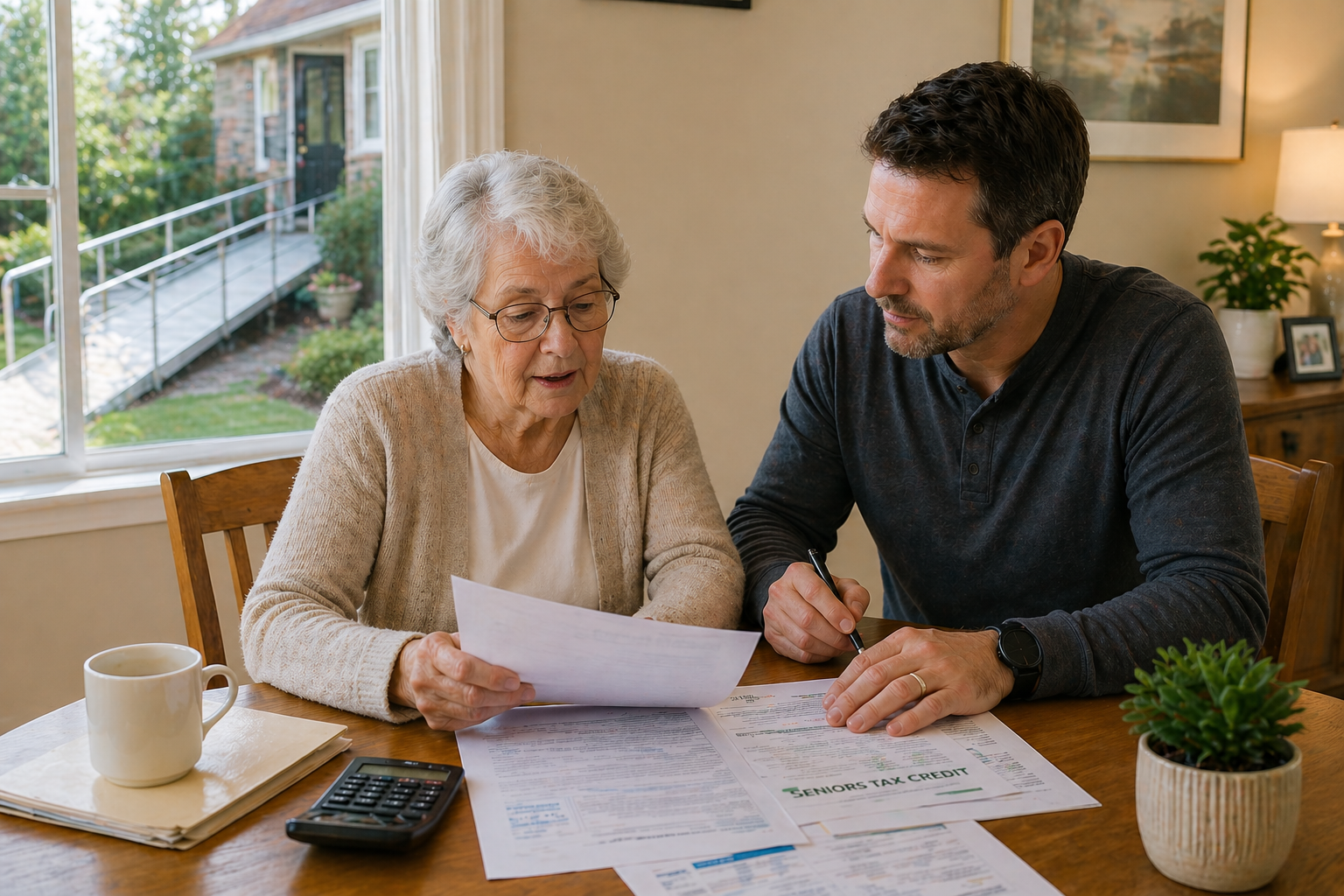 An elderly woman and a middle-aged man sit at a wooden table, reviewing documents related to senior tax credits. The woman holds a paper and the man points at a document, both appearing focused. A calculator, a coffee mug, a small potted plant, and some folders are on the table. A window shows a garden outside.