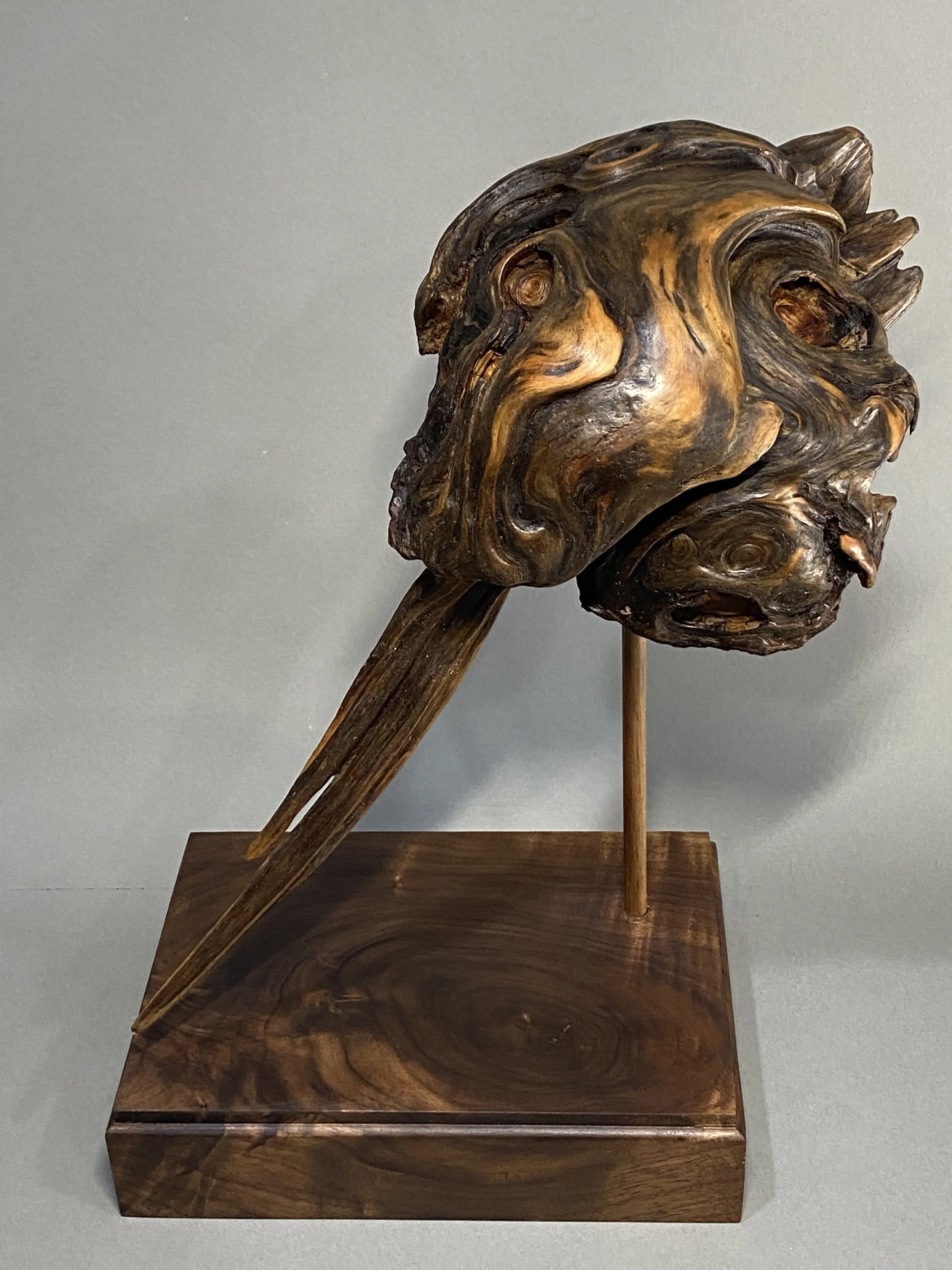 CAT WITH BIRD | madrone driftwood on a walnut base | 12”H x 7.75”W x 5.5”D