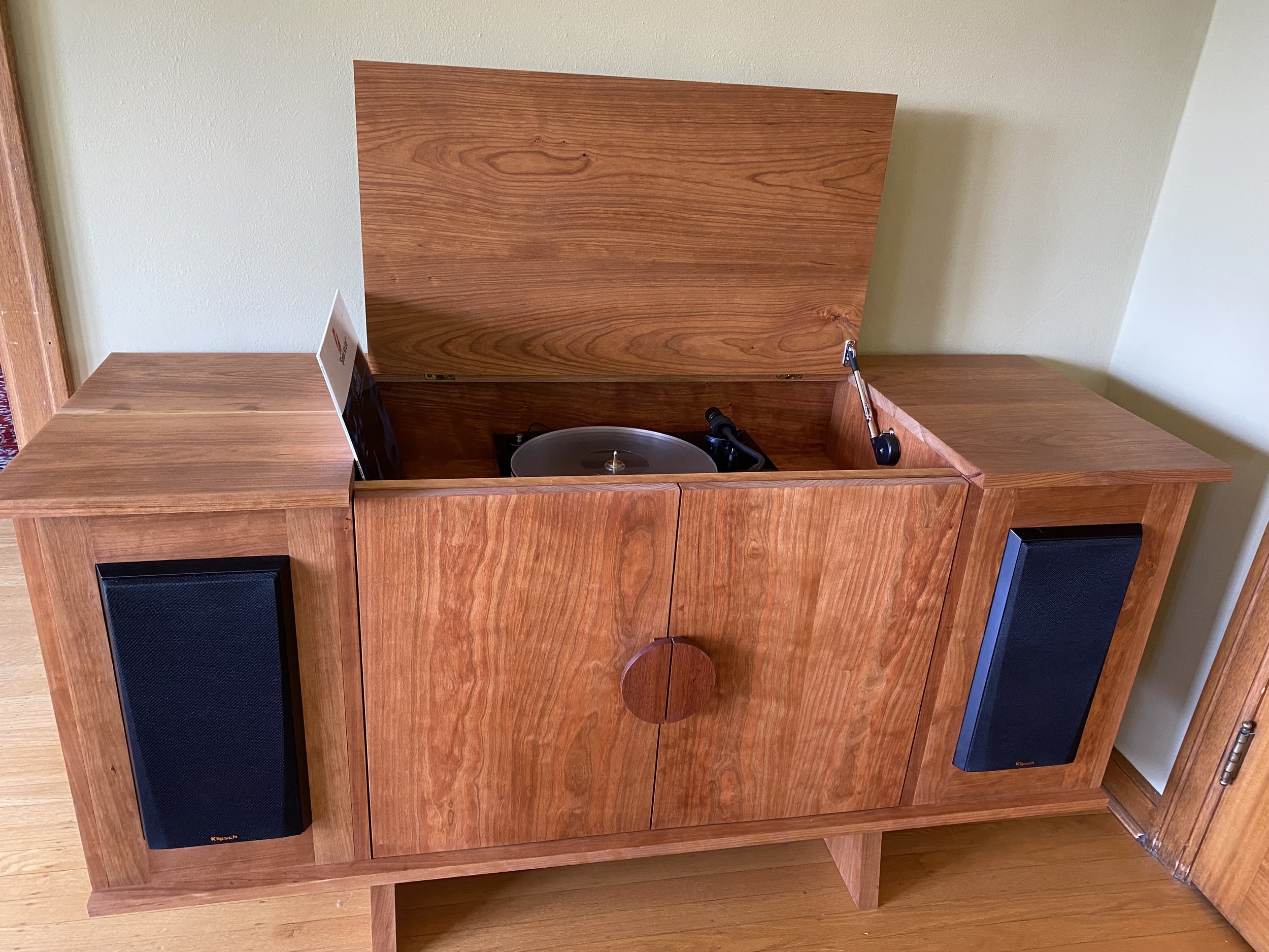Cherry hi-fi console I Console is built from solid cherry boards I finished with a varnish oil. Dimensions I 60"W x 20"D x 30.75"H