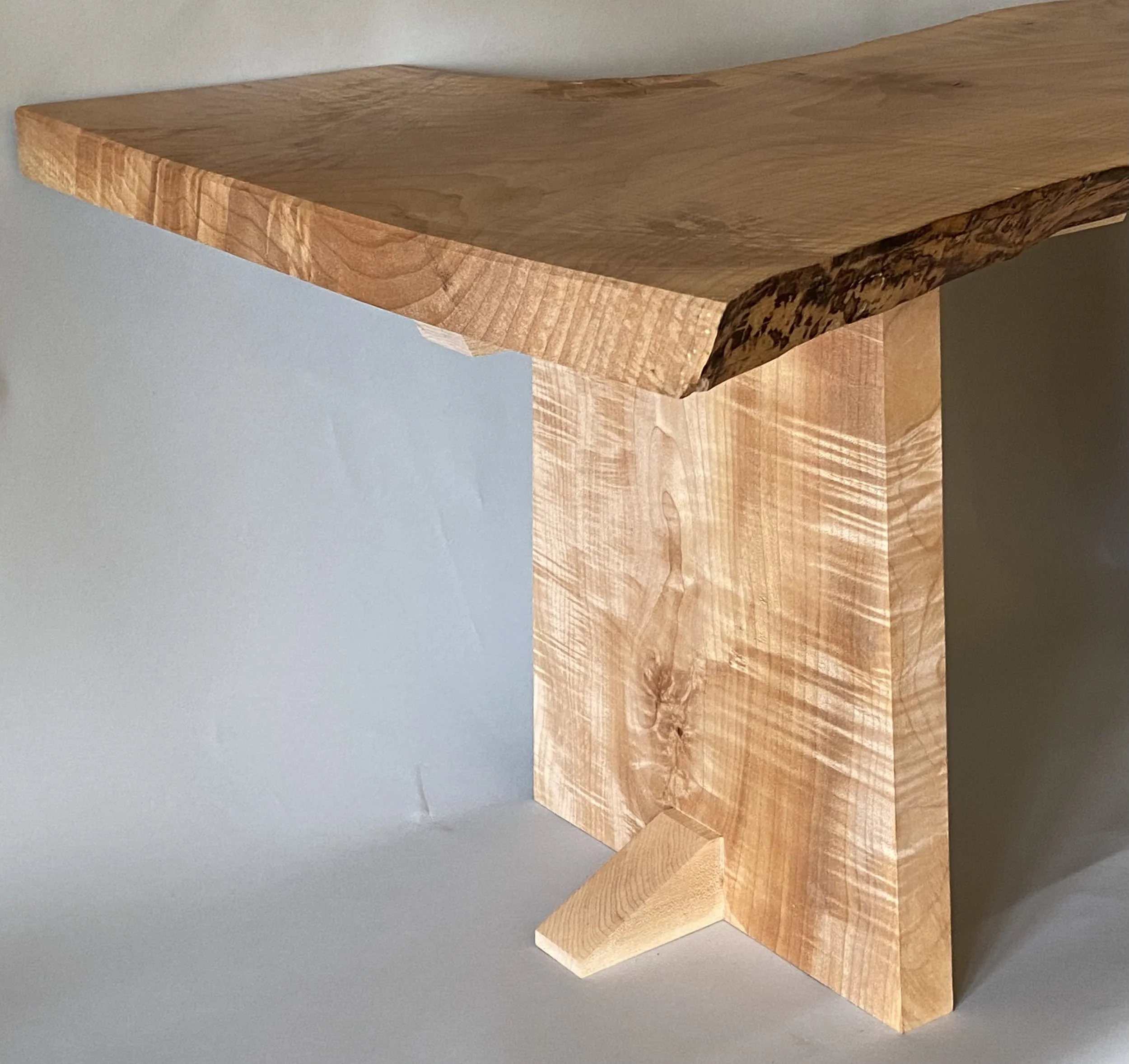 LIVE EDGE MAPLE COFFEE TABLE I close-up view I highly figured maple with a wipe on varnish finish I 42"W x 15"D x 15"H