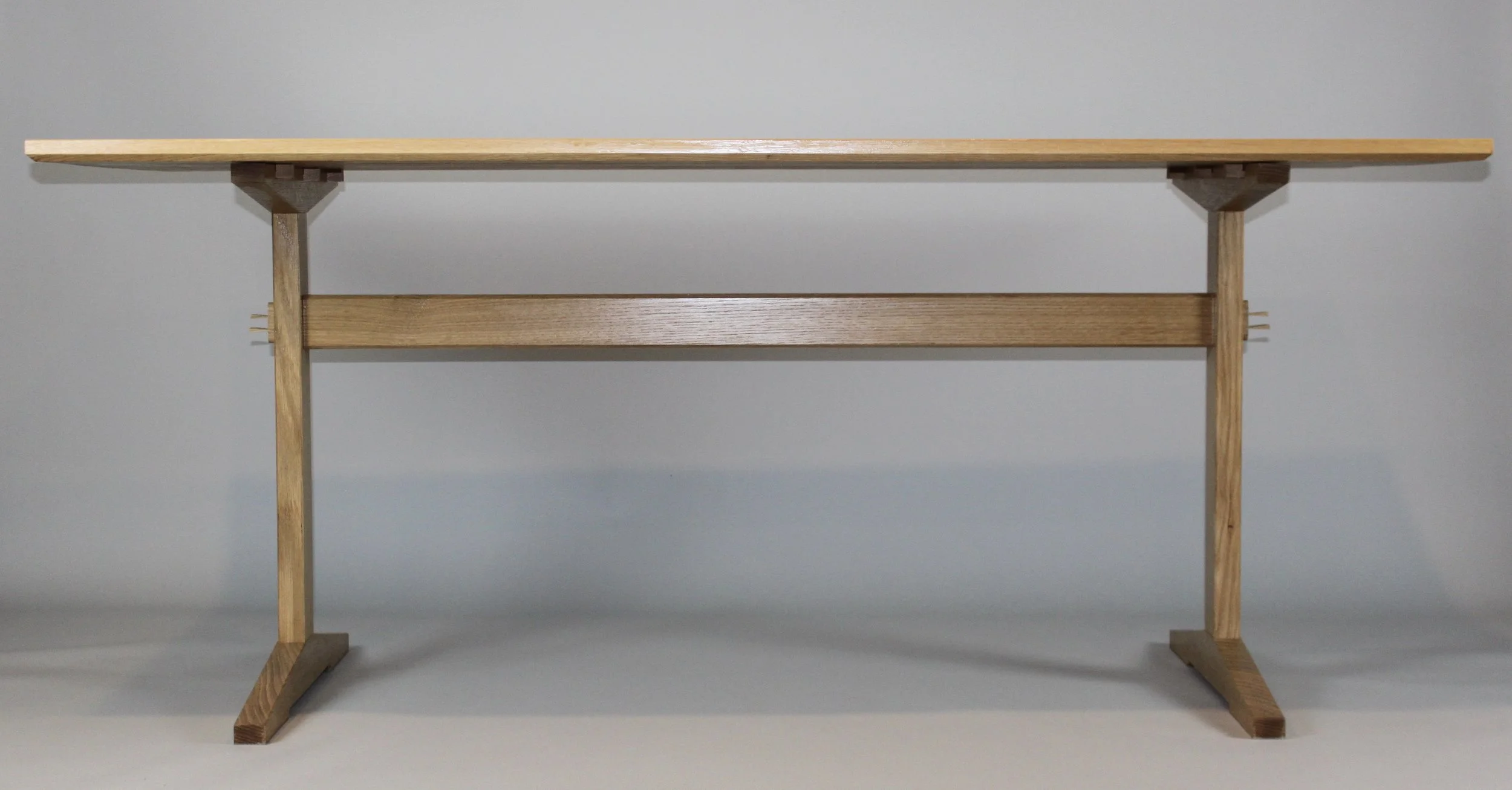 WHITE OAK TRESTLE TABLE, front view | flat sawn oak top, quarter sawn oak base | 72"W x 32"D x 30.25"H
