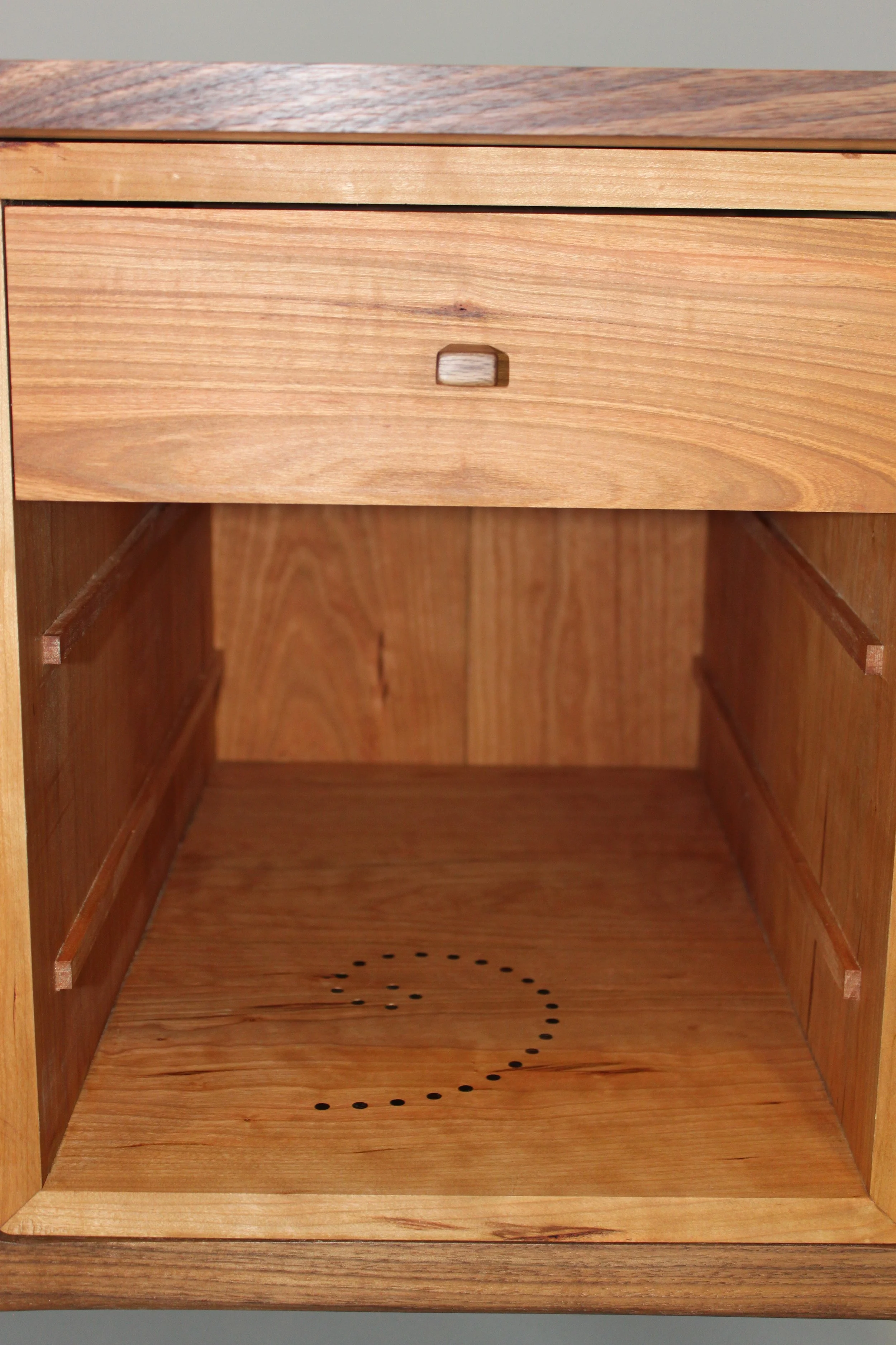 MID-CENTURY MODERN DESK, drawer detail |  walnut frame & top, cherry cases & drawers | 64"W x 30"D x 29.5" H