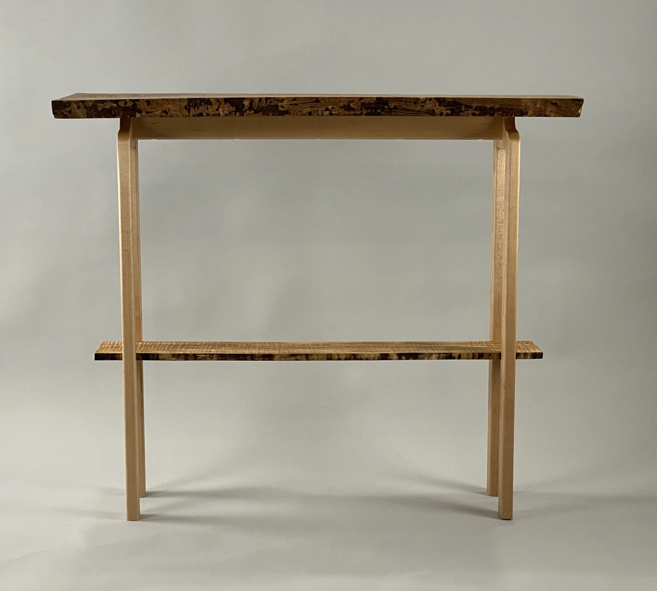 CURLY MAPLE CONSOLE TABLE, front view |  live edge curly maple with hard maple base, finished with varnish oil | 30"H x 36"W x 15"D
