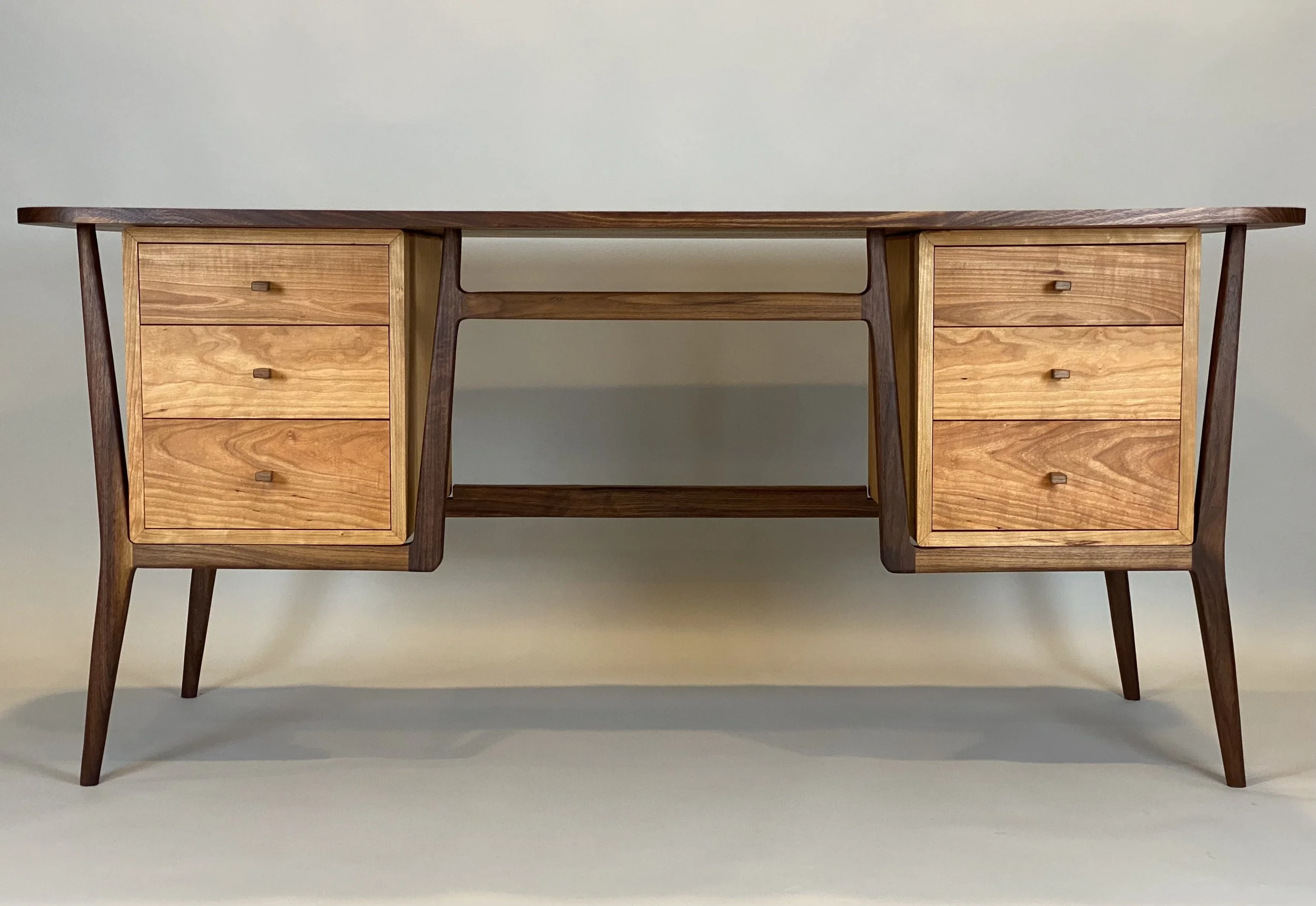 MID-CENTURY MODERN DESK, front view |  walnut frame & top, cherry cases & drawers | 64"W x 30"D x 29.5" H