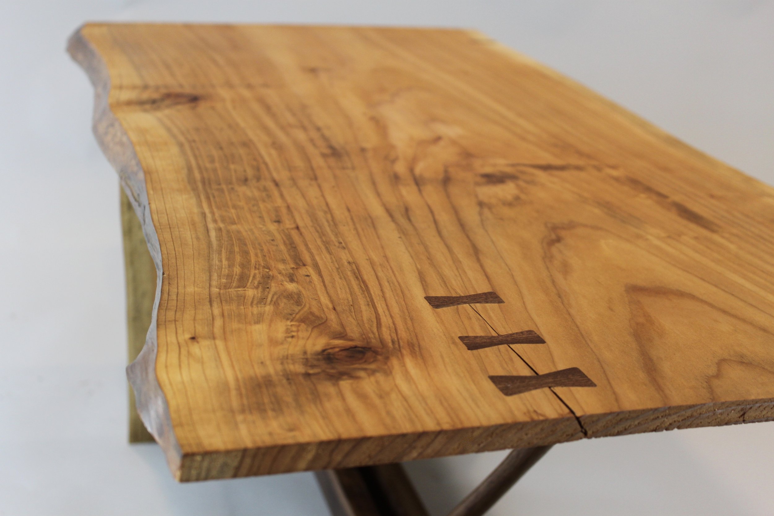 LIVE EDGE CEDAR COFFEE TABLE, top side view | nakashima inspired coffee table, walnut base with cedar top & sides | 41"L x 20"W x 16"H
