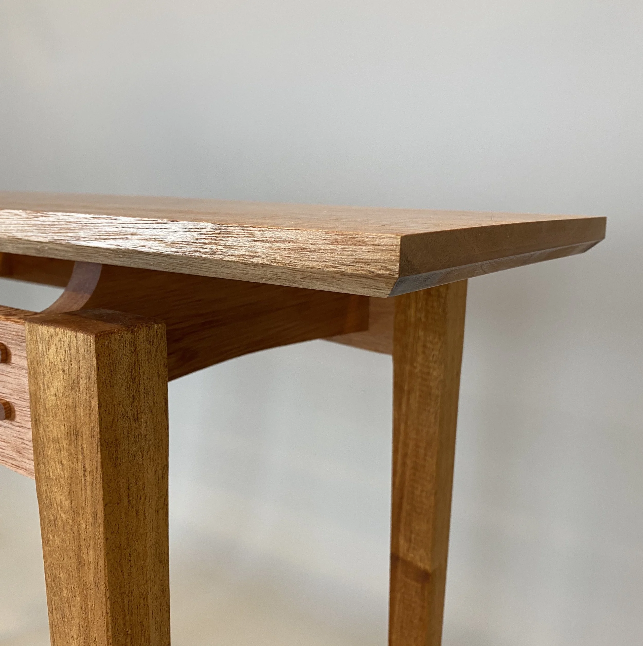 TEJA'S HALL TABLE, detail view | meranti (dark red mahogany), finished with danish oil | 48"L x 12"W x 32"H
