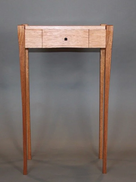SMALL ENTRY TABLE, front view | meranti aprons & top, quarter sawn khaya legs, wenge drawer pull | 31"H x 21.5"W x 11.5"D

