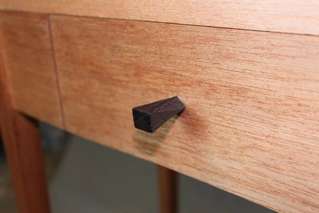 SMALL ENTRY TABLE, drawer detail | meranti aprons & top, quarter sawn khaya legs, wenge drawer pull | 31"H x 21.5"W x 11.5"D