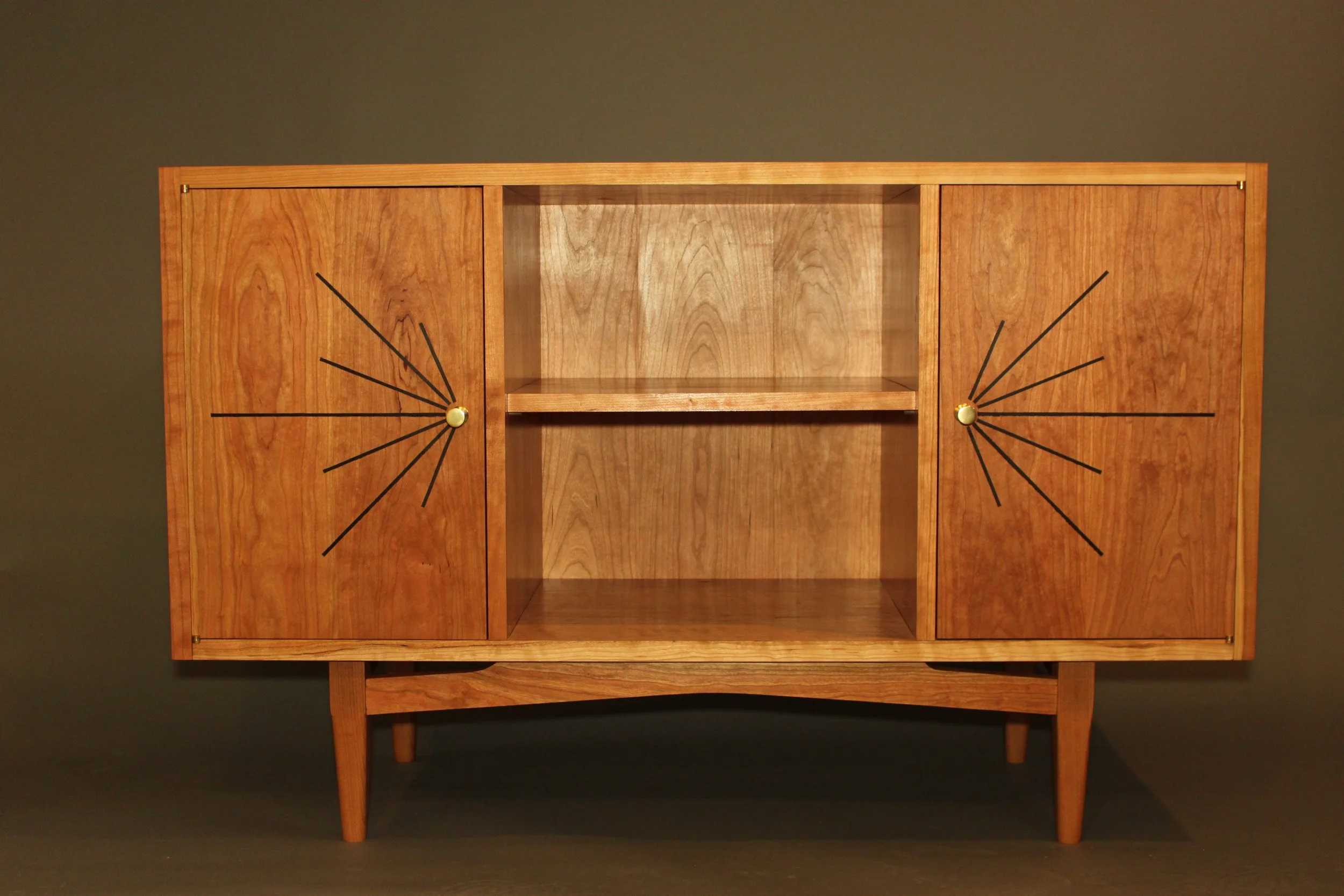 MID-CENTURY MODERN SIDEBOARD, front view | cherry with wenge starburst inlay |    44"W x 16"D x 28"H