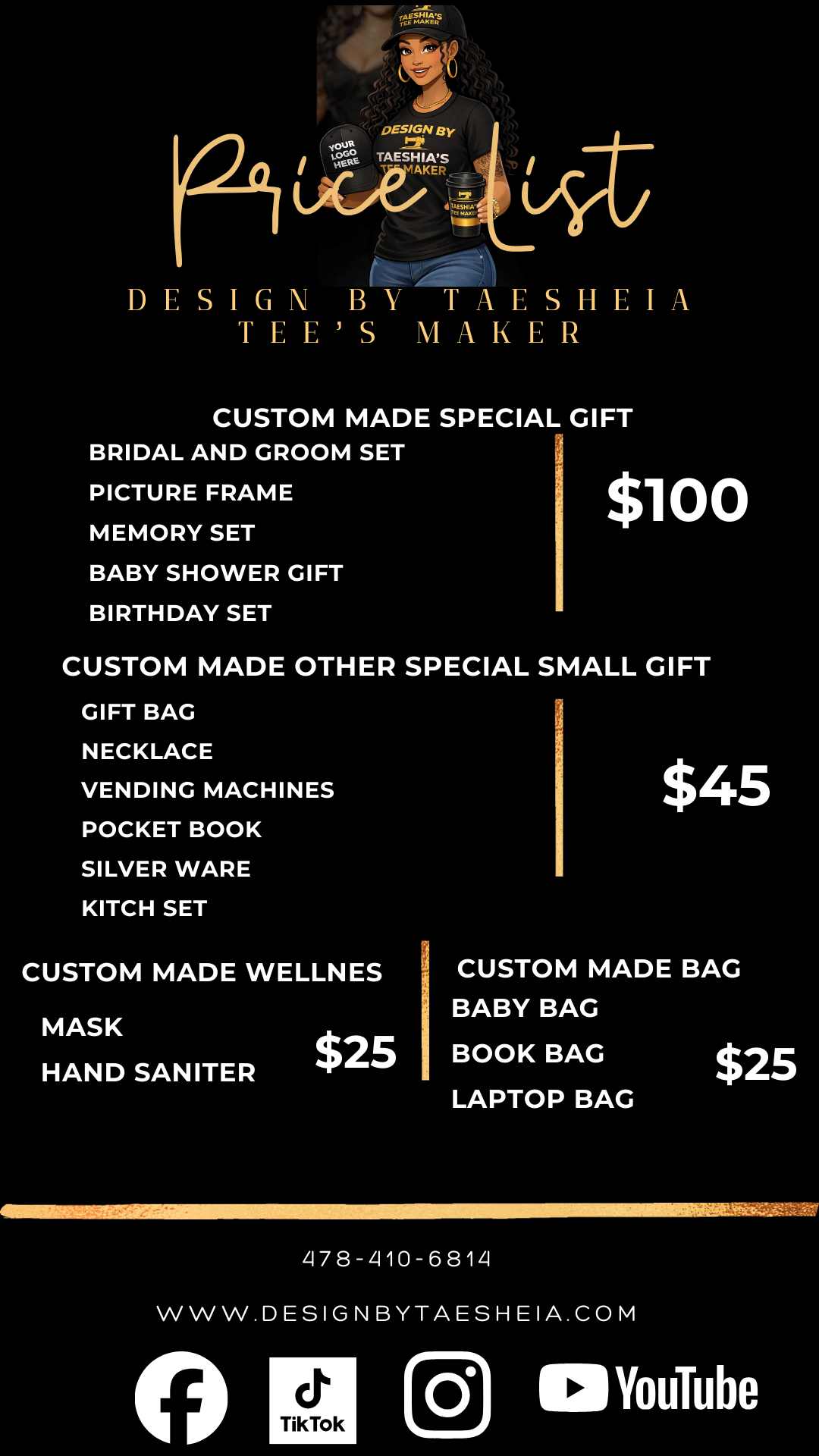 Promotional flyer for Taeshia's Tee Maker featuring a woman in a black shirt and cap, holding a coffee cup and a hat, with text advertising customized gifts and accessories for various occasions, prices, and contact information.