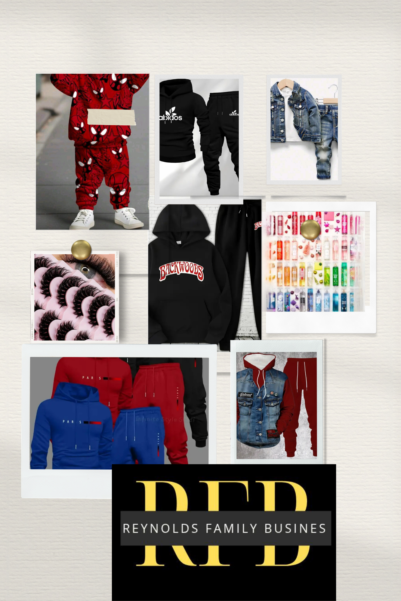 A collage of various clothing items and accessories including children's sweatshirts, hoodies, jeans, false eyelashes, lip glosses, and a family business sign for Reynolds Family Business.