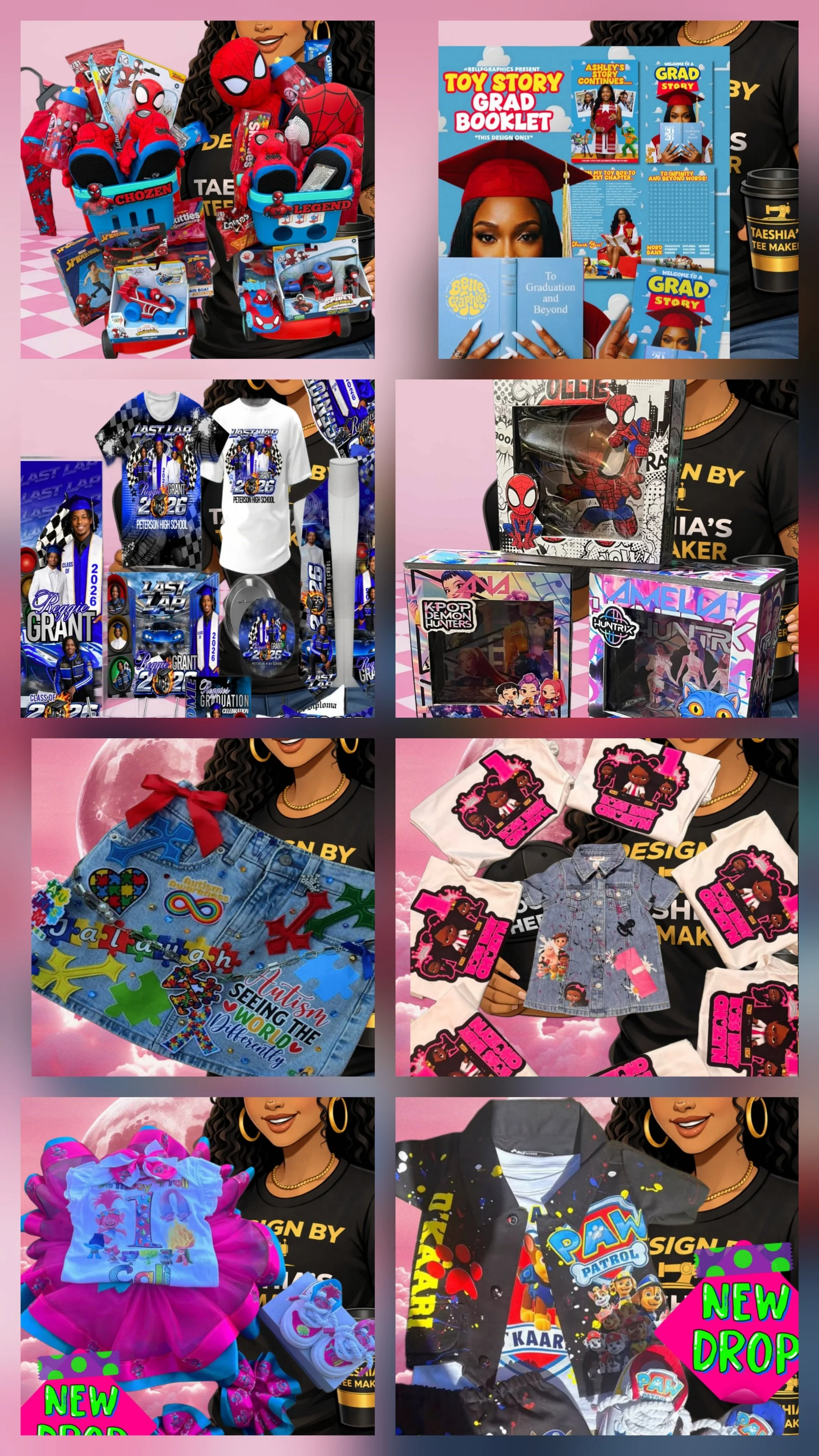 Collage of children's merchandise including Spider-Man toys and clothing, graduation-themed items, personalized puzzle and clothing with children’s designs, colorful tutu dresses, and Paw Patrol-themed clothing with