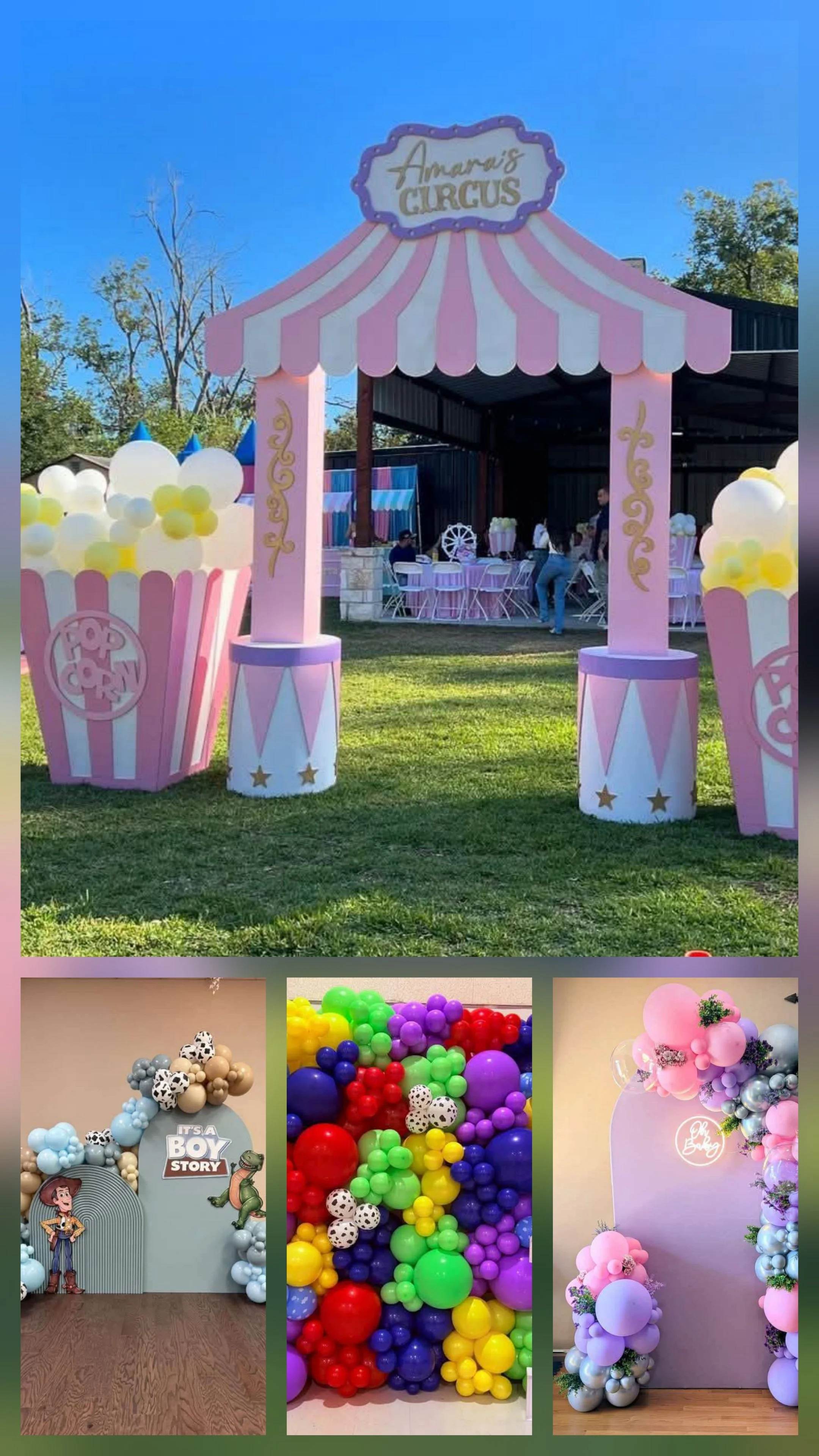 Pink striped circus tent with balloons and seating area at an outdoor event.
