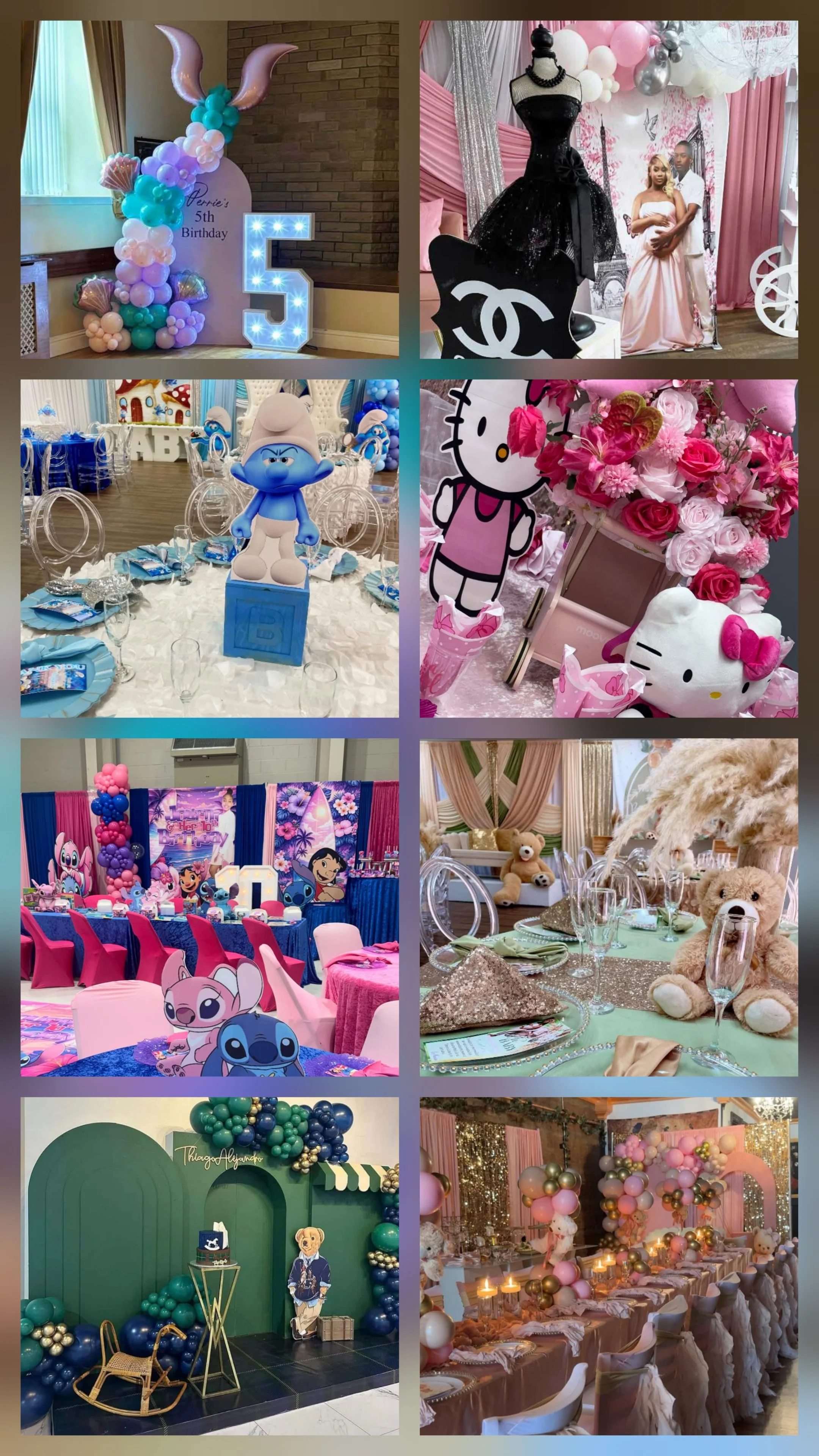 Various themed birthday party decorations including balloon arrangements, themed table settings, character cutouts, and photo backdrops.
