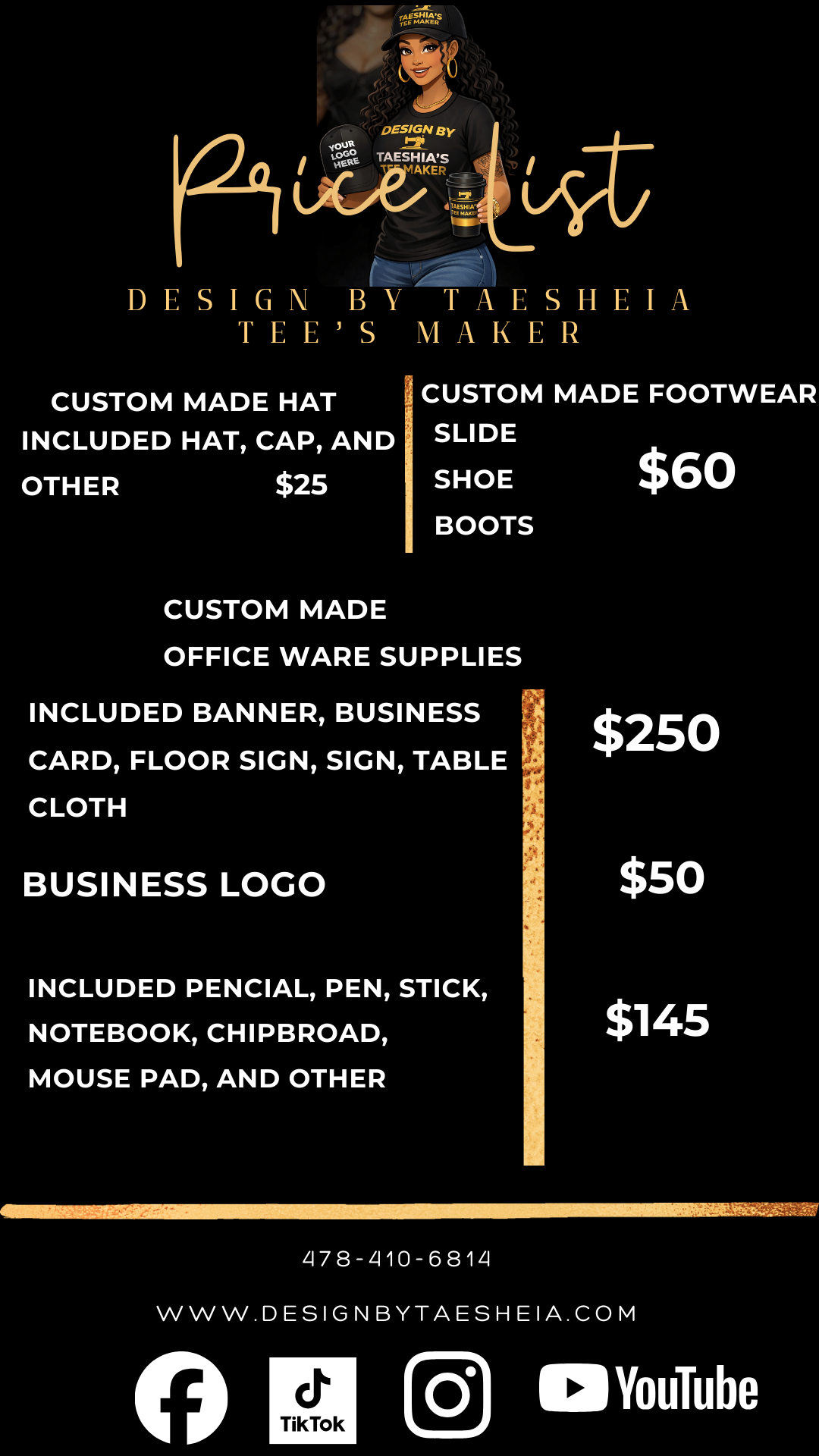 Promotional flyer for Taeshia's Tee Maker, featuring an illustrated woman wearing a black t-shirt and a cap with the company logo, holding a coffee cup, with prices for custom promotional items including hats, footwear, office supplies, logos, and stationery.