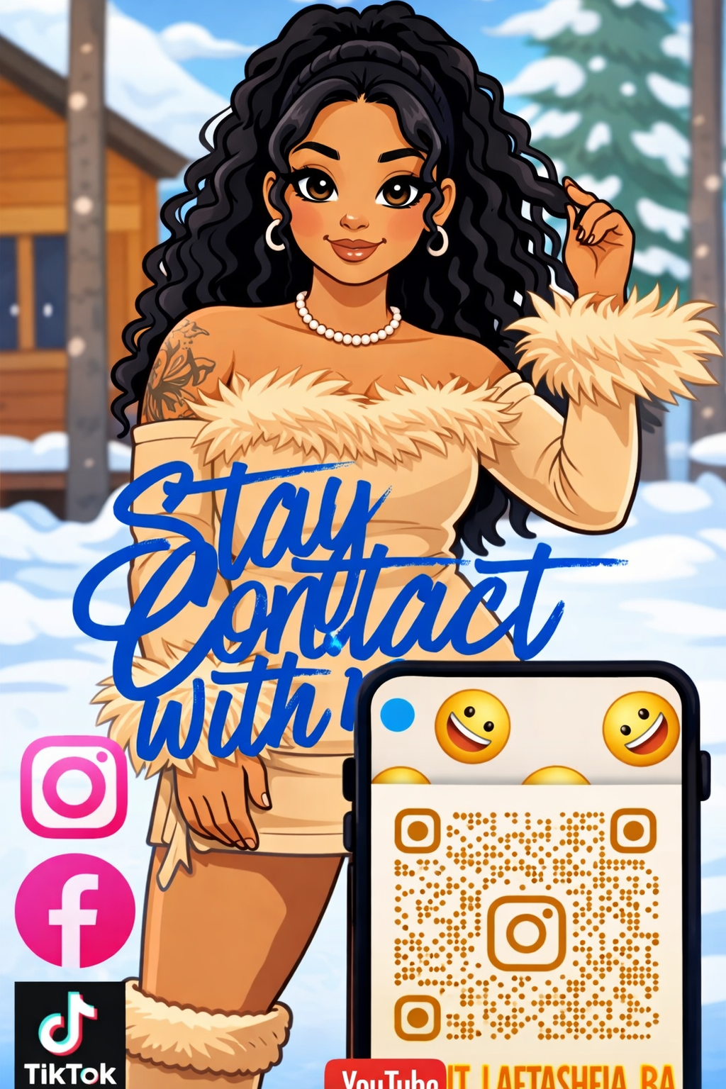 A cartoon woman with long curly black hair, wearing a beige fur-lined off-shoulder dress, standing outdoors in a snowy setting with wooden houses and snow-covered trees in the background. She is smiling, holding a lock of her hair, and wearing jewelry including earrings, a necklace, and braces. There are social media icons, a QR code, and the text 'Stay contact with' in the image.