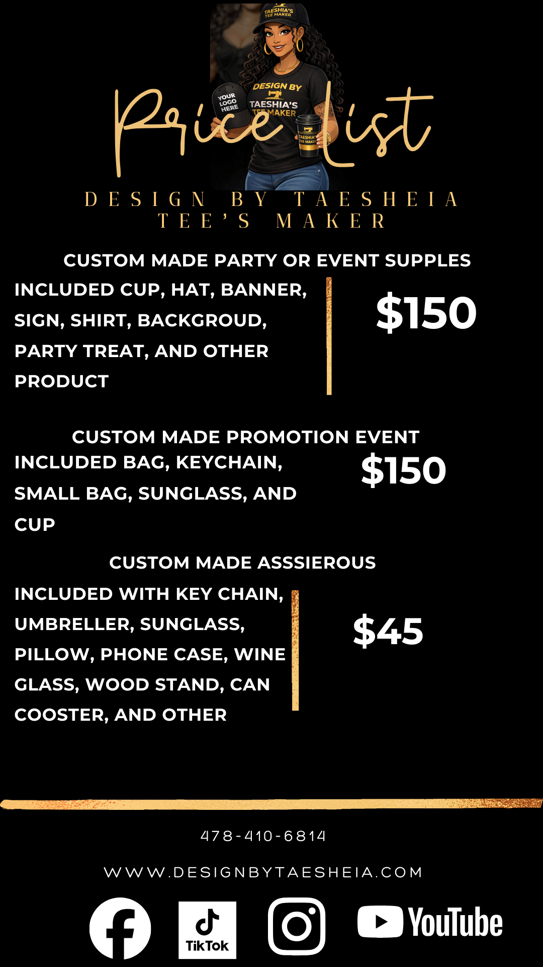 Flyer for custom party and event supplies by Taeshia's Tee Maker, featuring an illustration of a woman holding a coffee cup and a cap, with pricing details for various promotional items and contact information.