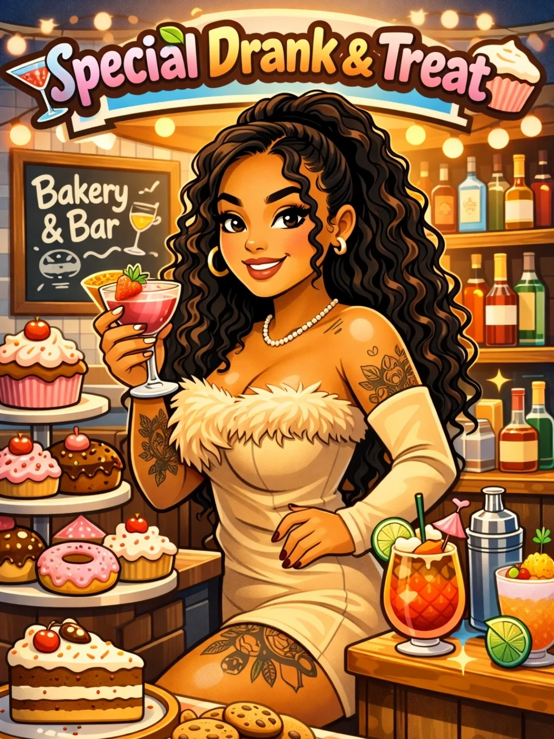 A cartoon woman with curly hair and tattoos, holding a strawberry cocktail, sitting in a bakery and bar with various desserts and colorful drinks around her, and a sign that says 'Special Drank & Treat'.