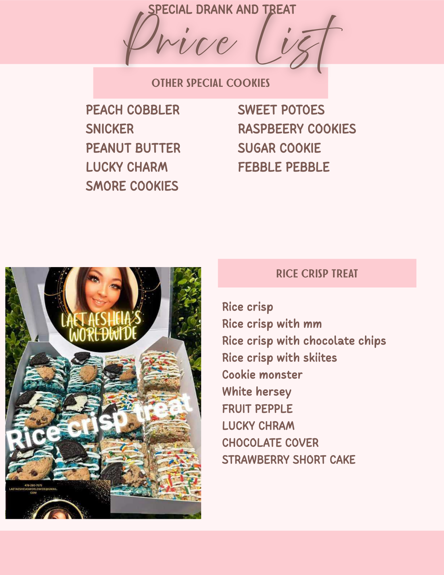 A pink-themed menu titled 'Special Drank and Treat Price List' with sections for cookies and rice crisps, including various flavors and types of cookies like peanut butter, snicker, sugar cookie, and chocolate cookies, and rice crisps with flavors such as fruit pepple and lucky charm; also features a display of decorated cookies and treats.