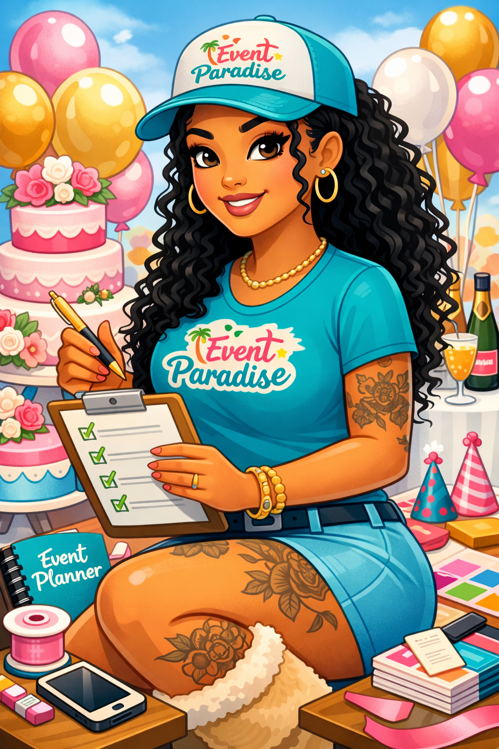 A woman with dark curly hair, gold jewelry, and tattoos, wearing a blue "Event Paradise" t-shirt and cap, preparing for an event surrounded by balloons, a cake, and planning supplies.