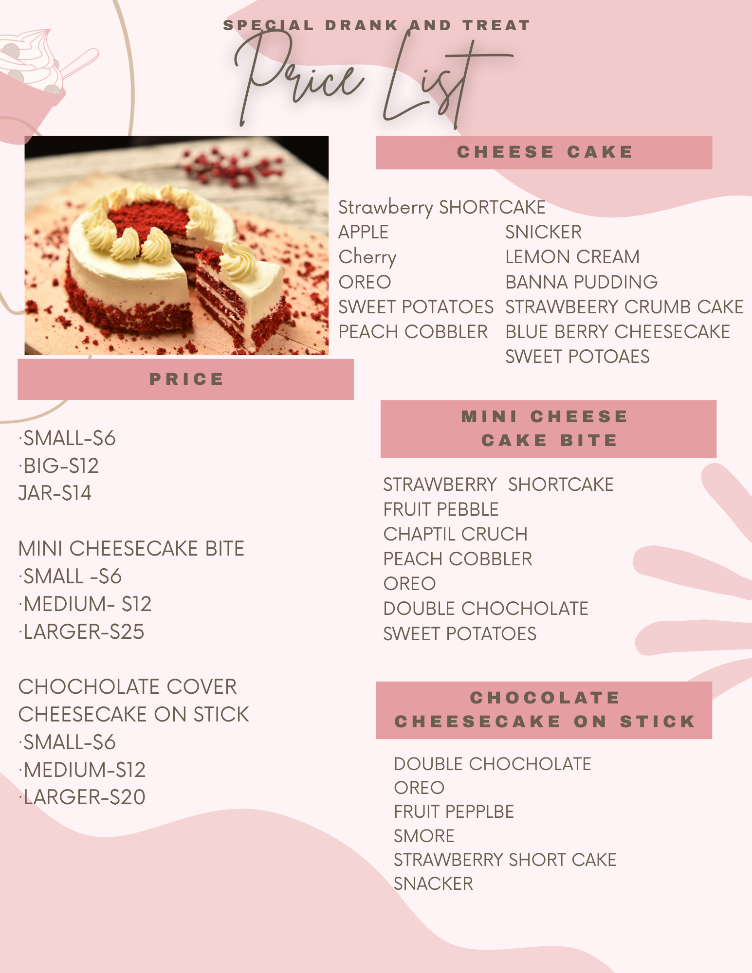 A pink-themed menu poster featuring a photo of a red velvet cheesecake with white icing and decorative dollops on top. The menu offers various cheesecake flavors and sizes, along with a mini cheesecake bite section, all listed in elegant fonts.
