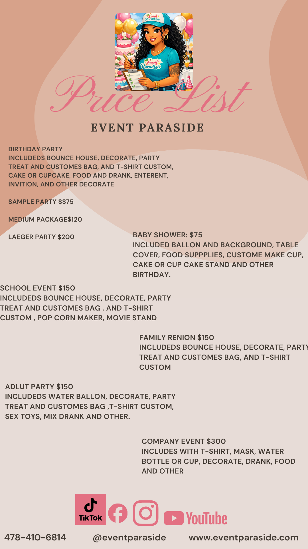 A price list for various party and event services from Event Paradise. The list includes birthday parties, baby showers, school events, family reunions, adult parties, and company events, detailing their prices and what is included in each event package. The top of the list features an illustrated woman with curly hair, wearing a blue t-shirt and cap with the Event Paradise logo, surrounded by balloons, a cake, and party decorations.
