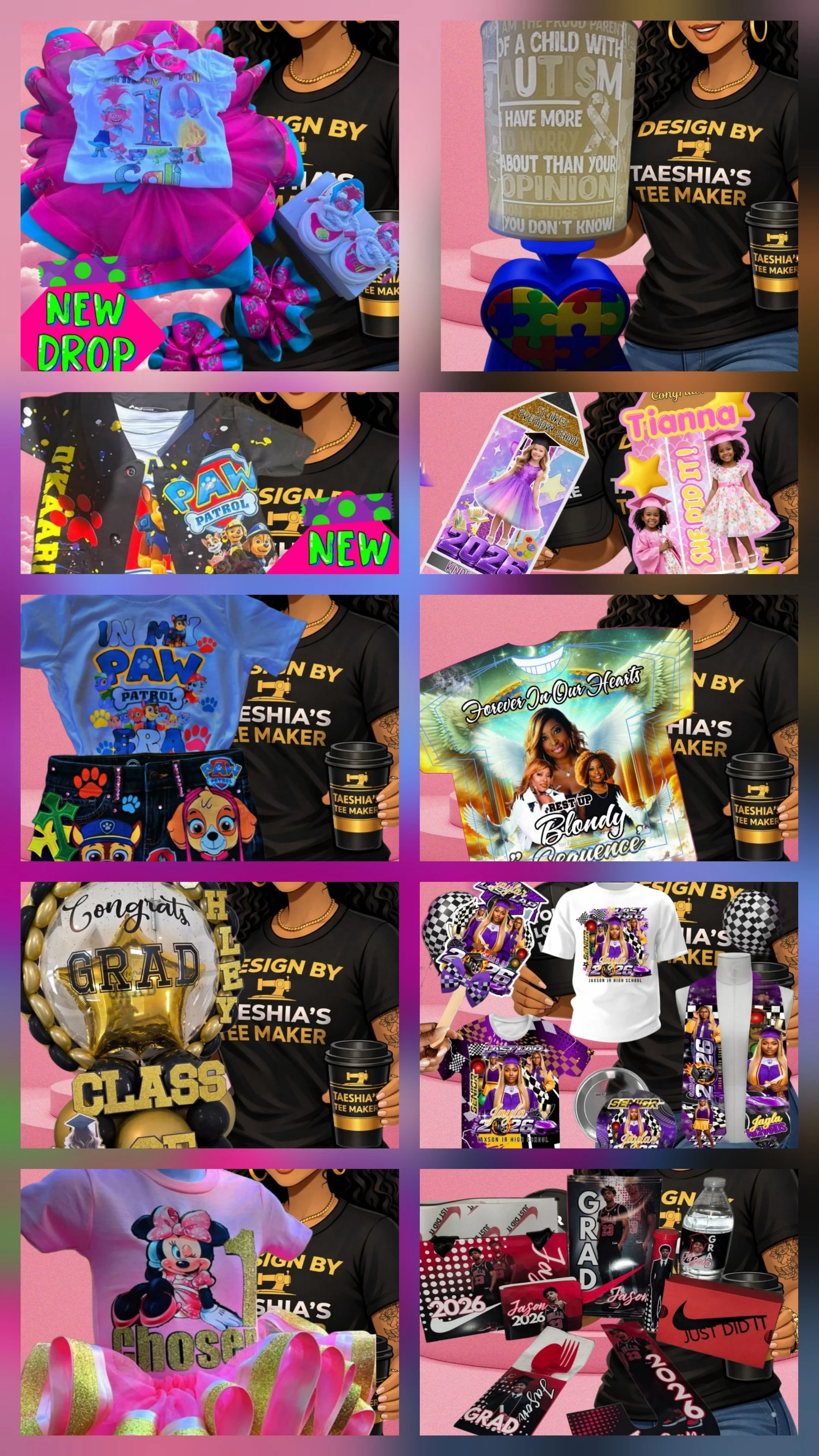 Set of birthday celebration items, including themed clothing, banners, balloons, and party accessories, with a focus on a girl's birthday party.