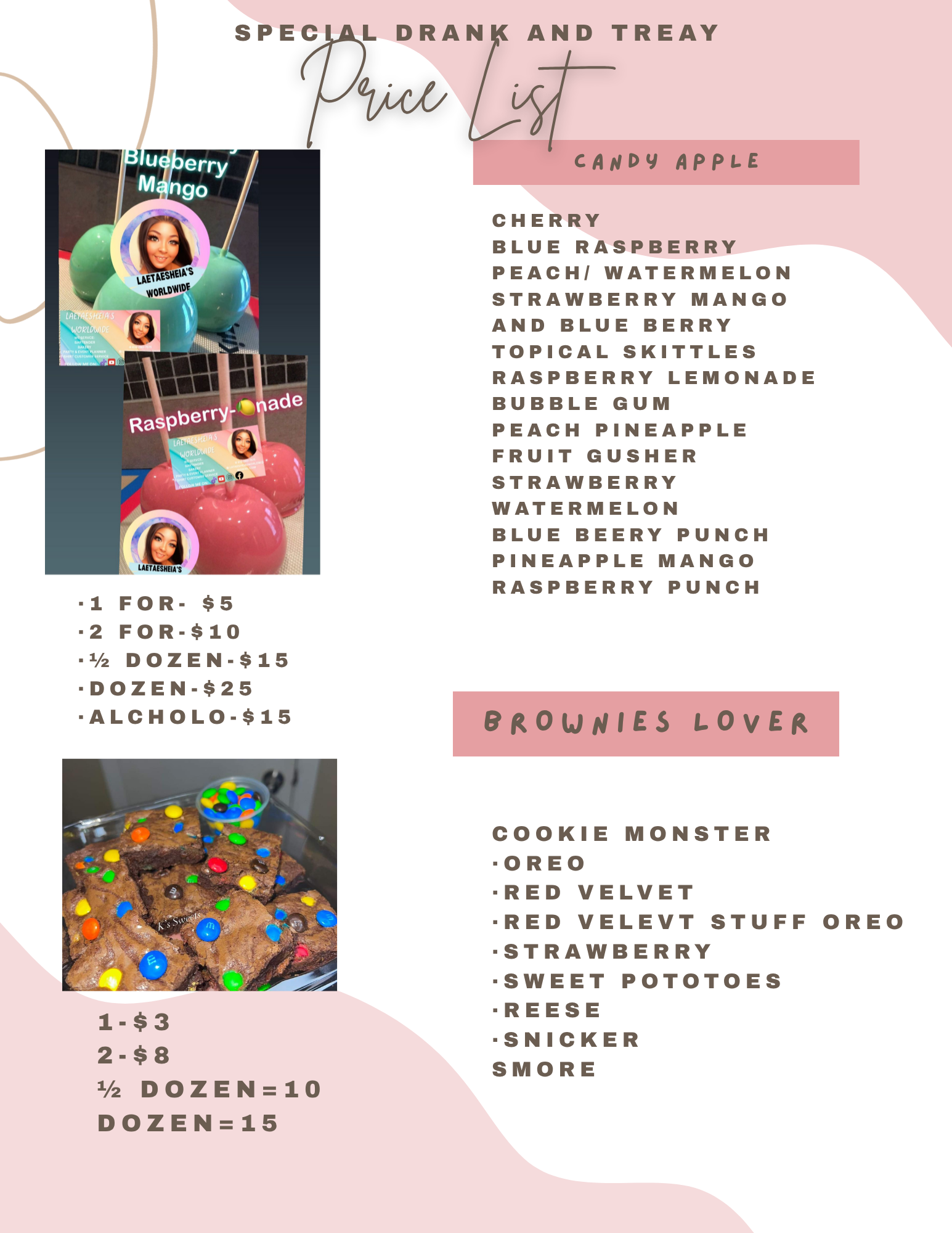A menu featuring a list of drinks and desserts, with images of colorful balloons and chocolate brownies topped with colorful candies.