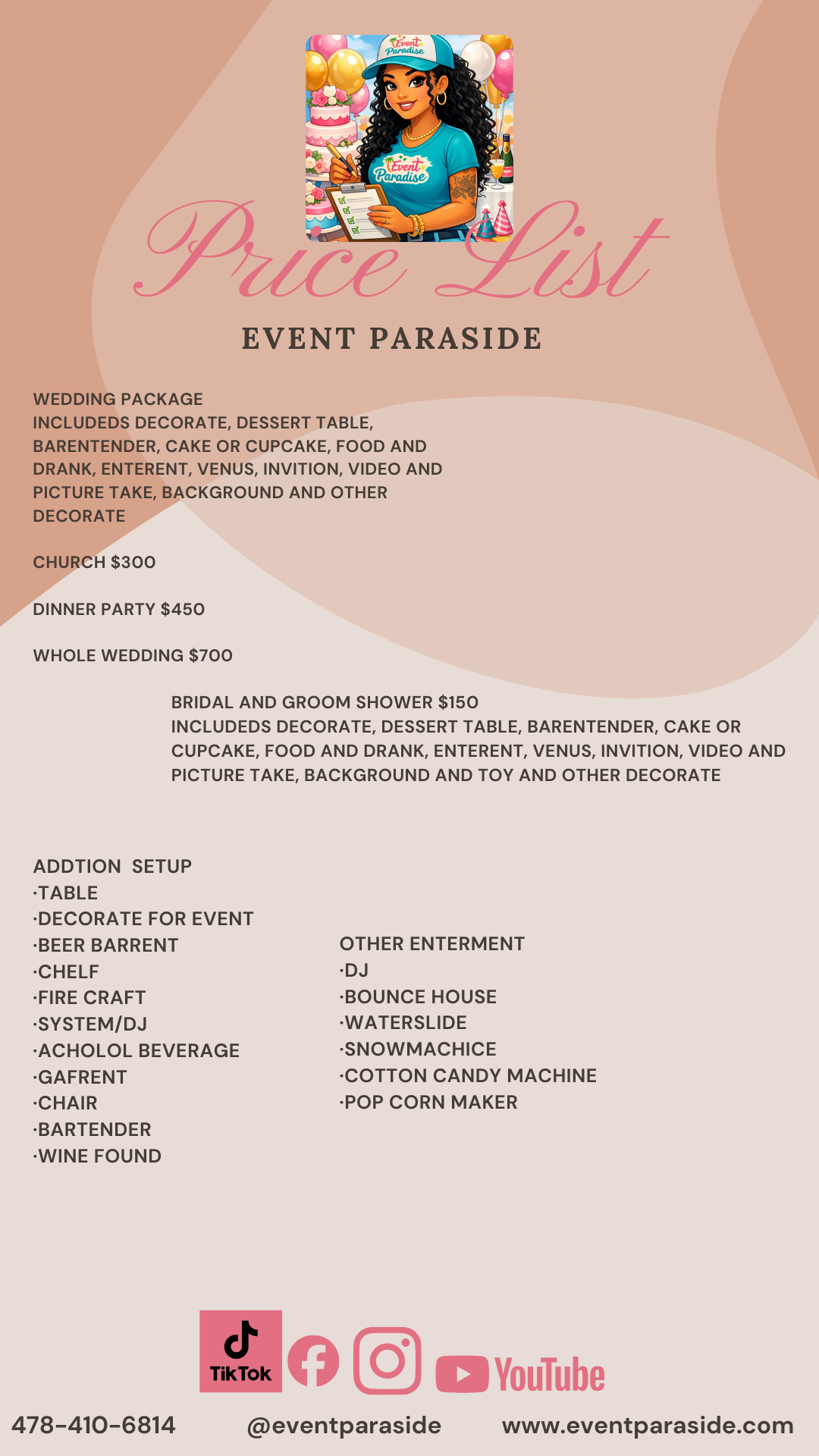 Price list for Event Paradise offering wedding, bridal, church, and other event packages, detailing included decorations, food, beverages, entertainment, and setup options.