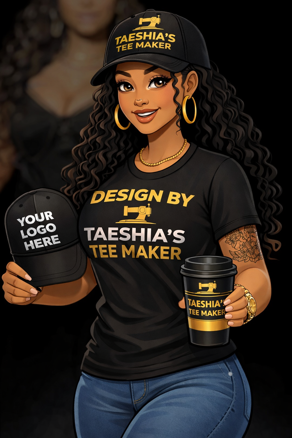 Illustration of a woman with curly hair wearing a black cap, a black T-shirt, and holding a black coffee mug. The cap and T-shirt are branded with "Taeshia's Tee Maker" and a sewing machine icon in yellow. The woman has gold hoop earrings, a gold necklace, and a gold watch. She is also holding a black hat with "Your Logo Here" written on it.