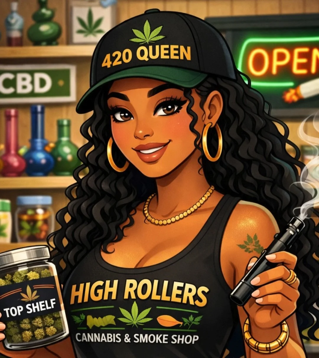 Cartoon woman with long curly hair wearing a black cap with a green marijuana leaf and '420 QUEEN' text, holding a jar labeled 'TOP SHELF' with cannabis buds and a smoking pipe, standing inside a cannabis and smoke shop with colorful bottles, a CBD sign, and an illuminated 'OPEN' sign in the background.