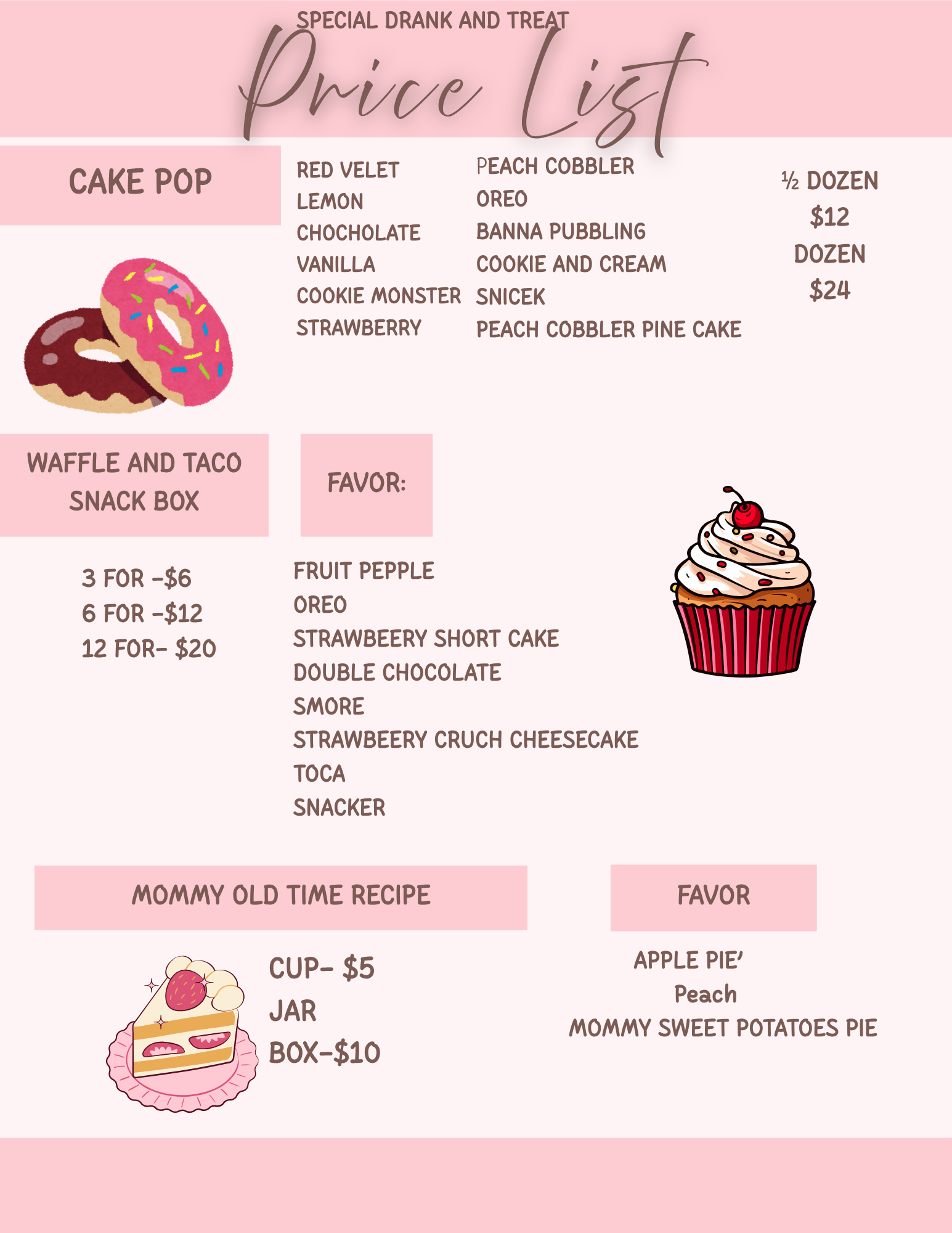 A pink-themed menu board from a dessert shop offering various treats such as cake pops, waffles, tacos, and cupcakes. It includes colorful illustrations of sweets like cake slices, donuts, and cupcakes.