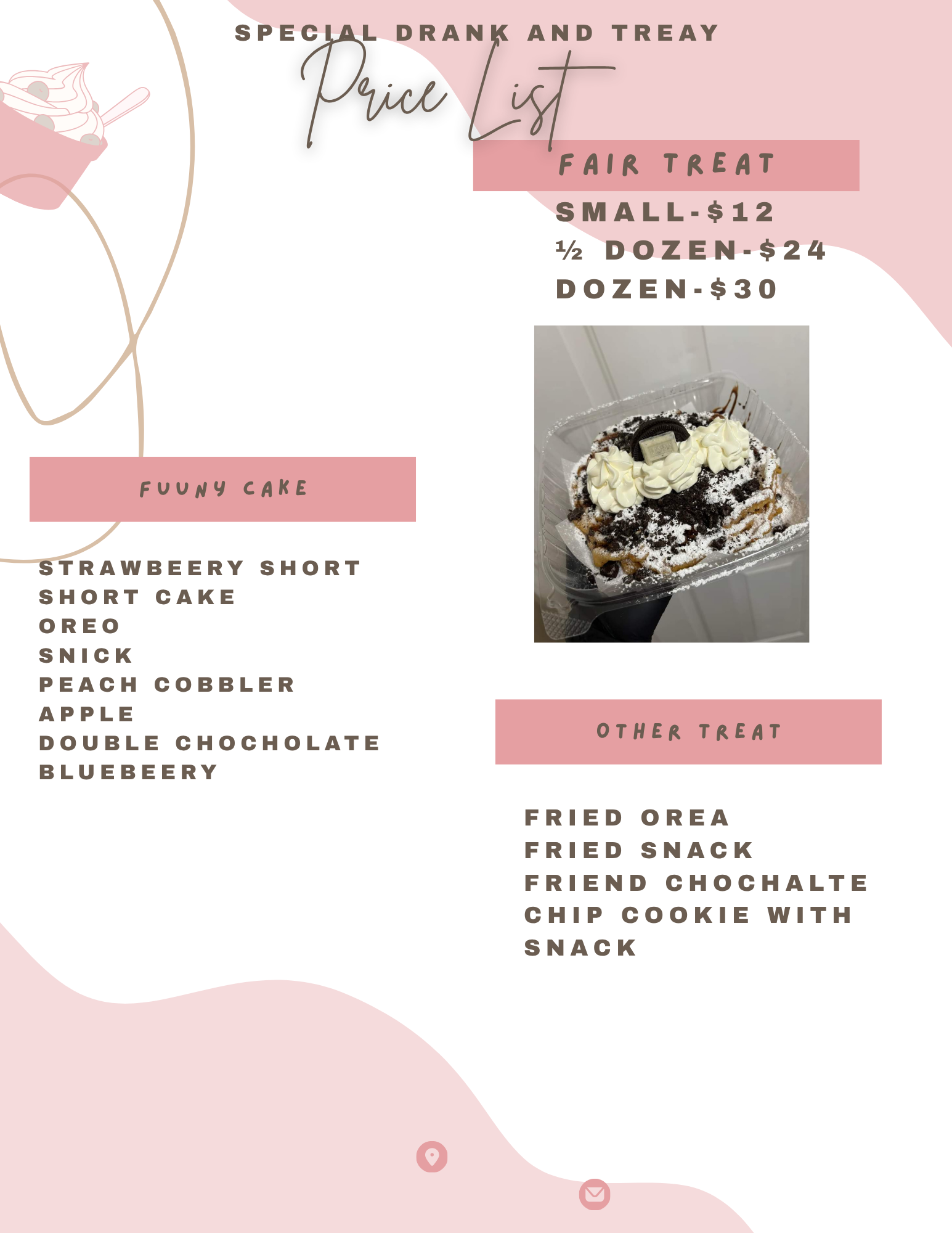 A digital menu for a bakery or cake shop featuring a pink and white color scheme. It lists prices for various treats including cakes, cookies, and snacks, with sections labeled 'Price List', 'Fair Treat', 'Funny Cake', and 'Other Treat'. A visible photo shows a decorated Oreo cheesecake in a plastic container.
